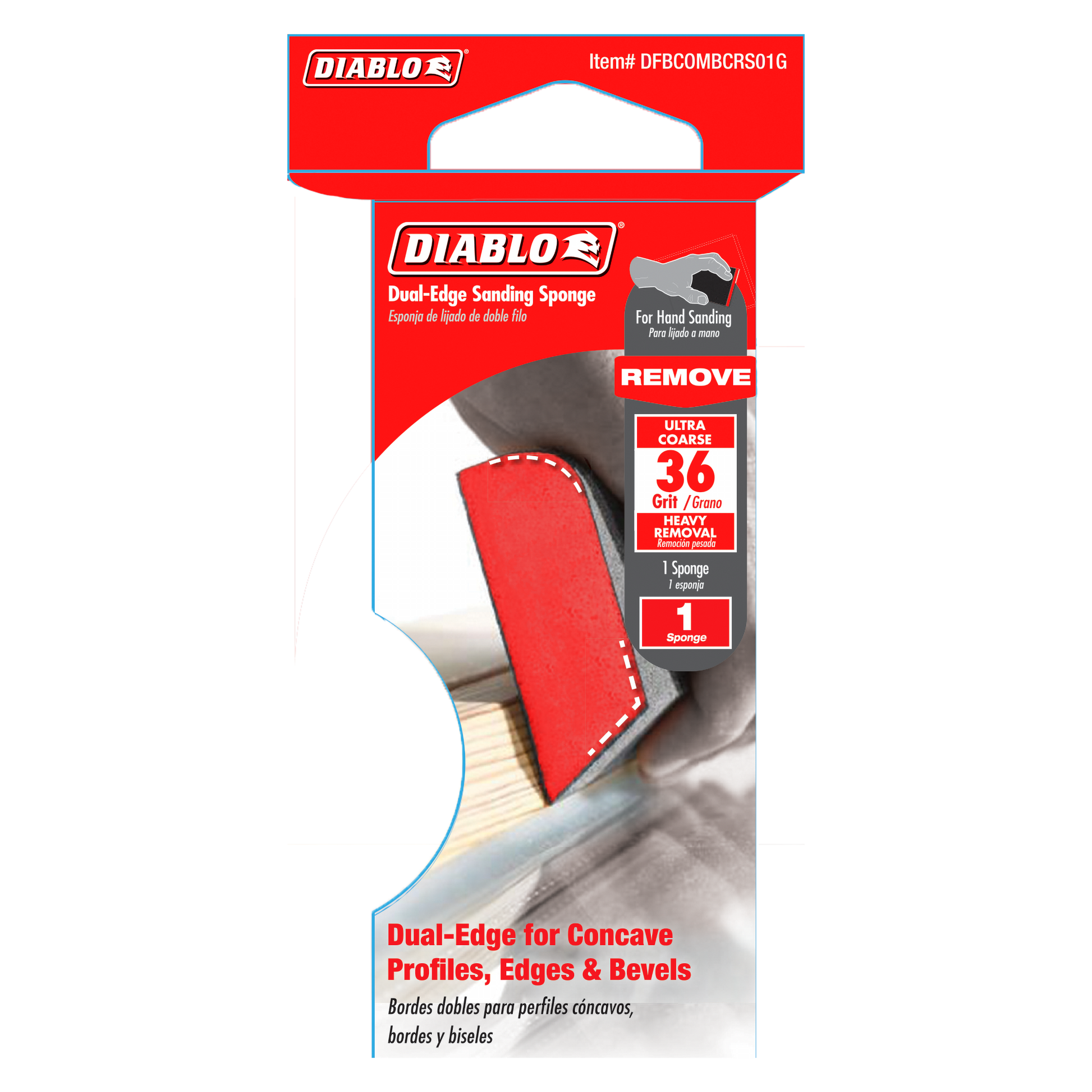 Red and gray dual-edge sanding sponge with 36-grit ultra coarse surface for hand sanding curved profiles and edges.