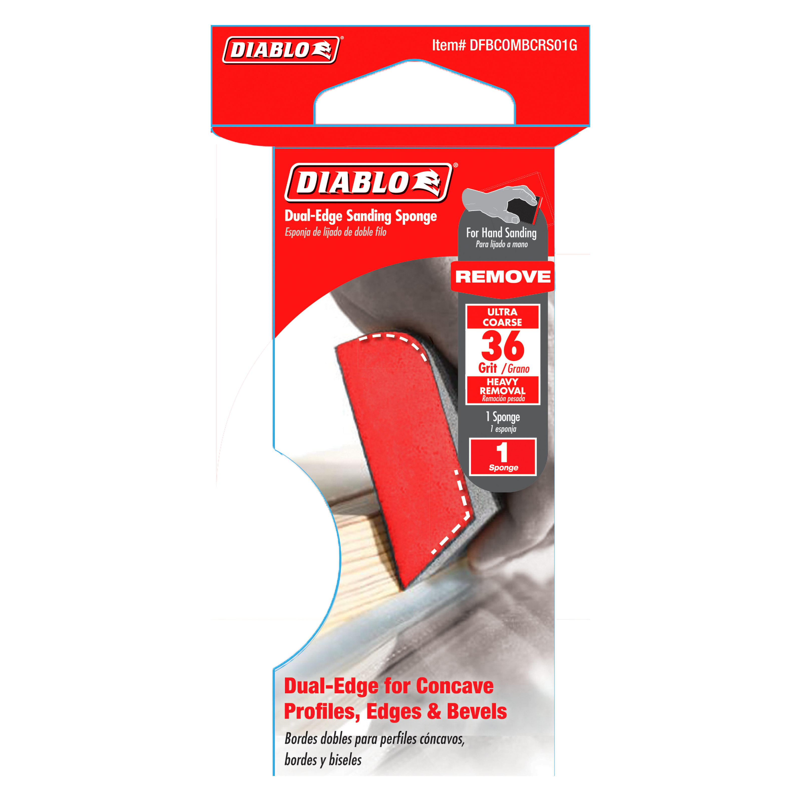 Red and gray dual-edge sanding sponge with 36-grit ultra coarse surface for hand sanding curved profiles and edges.