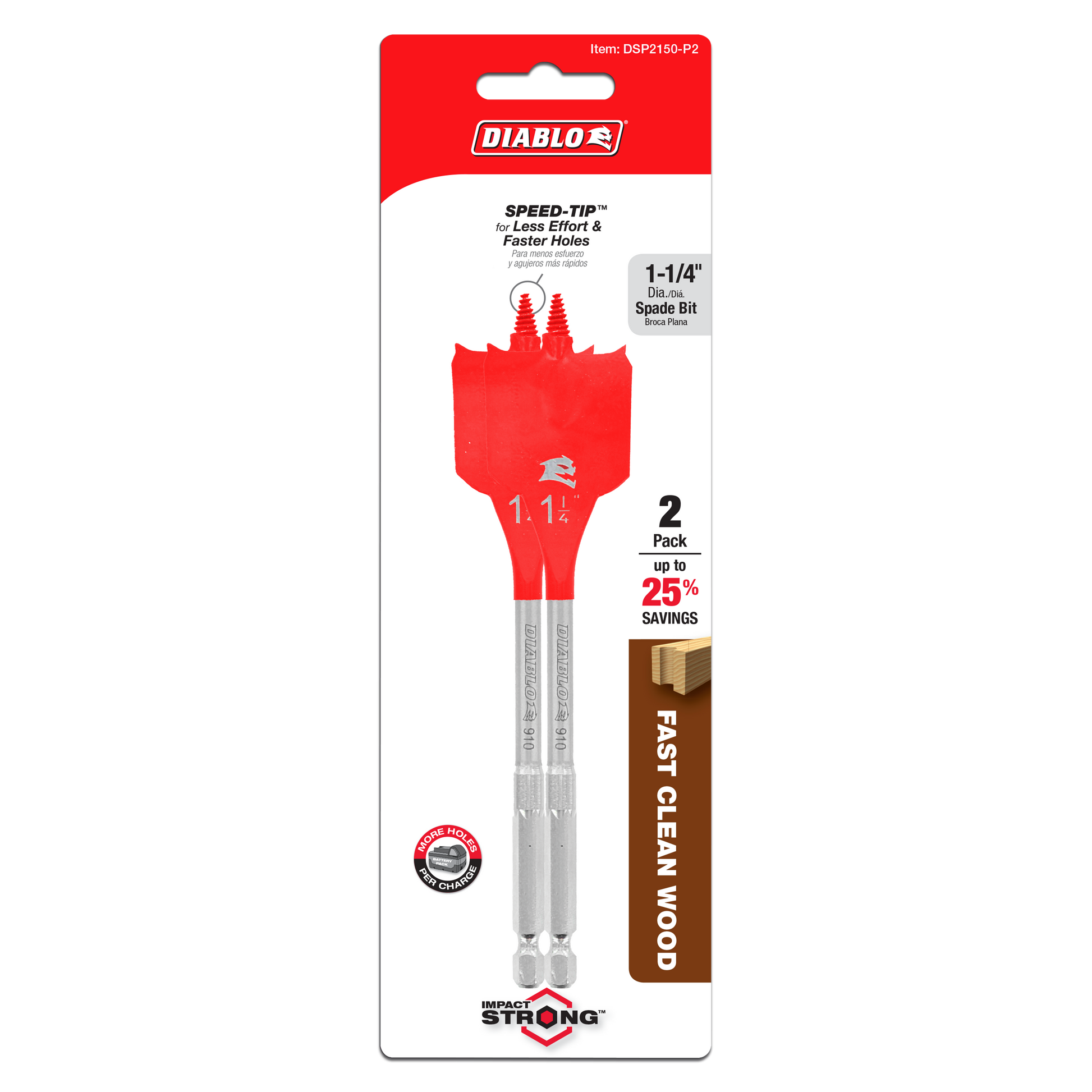 Two Diablo 1-1/4 inch spade bits with red cutting heads and gray shanks on retail packaging.
