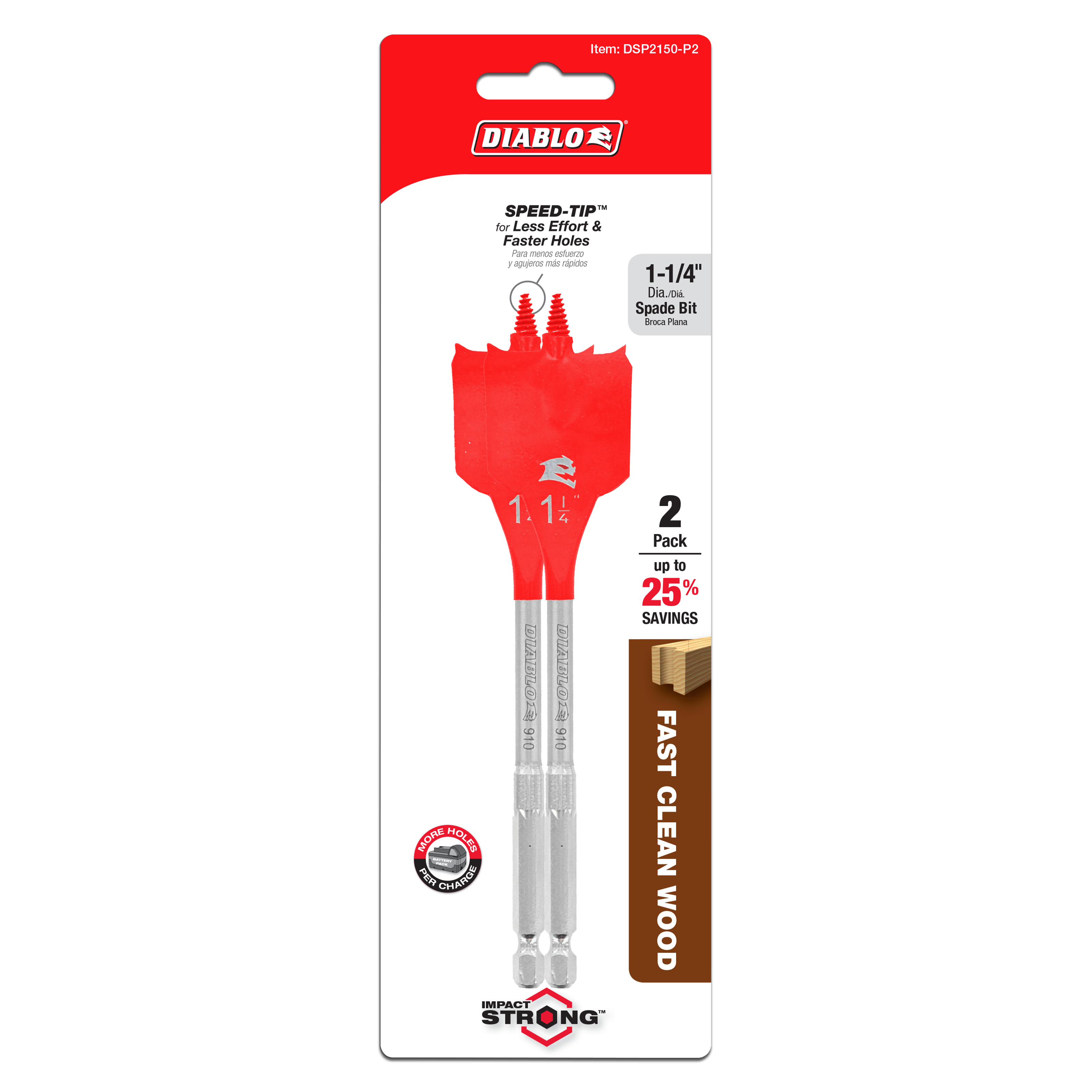 Two Diablo 1-1/4 inch spade bits with red cutting heads and gray shanks on retail packaging.