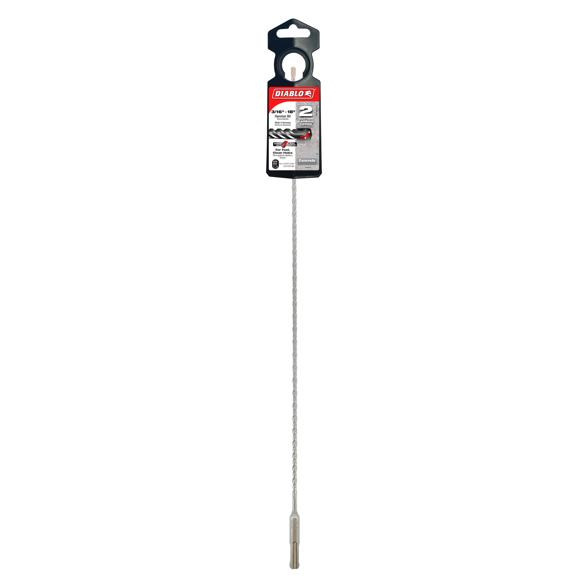 Diablo SDS-Plus hammer drill bit with black packaging label and gray fluted shaft.