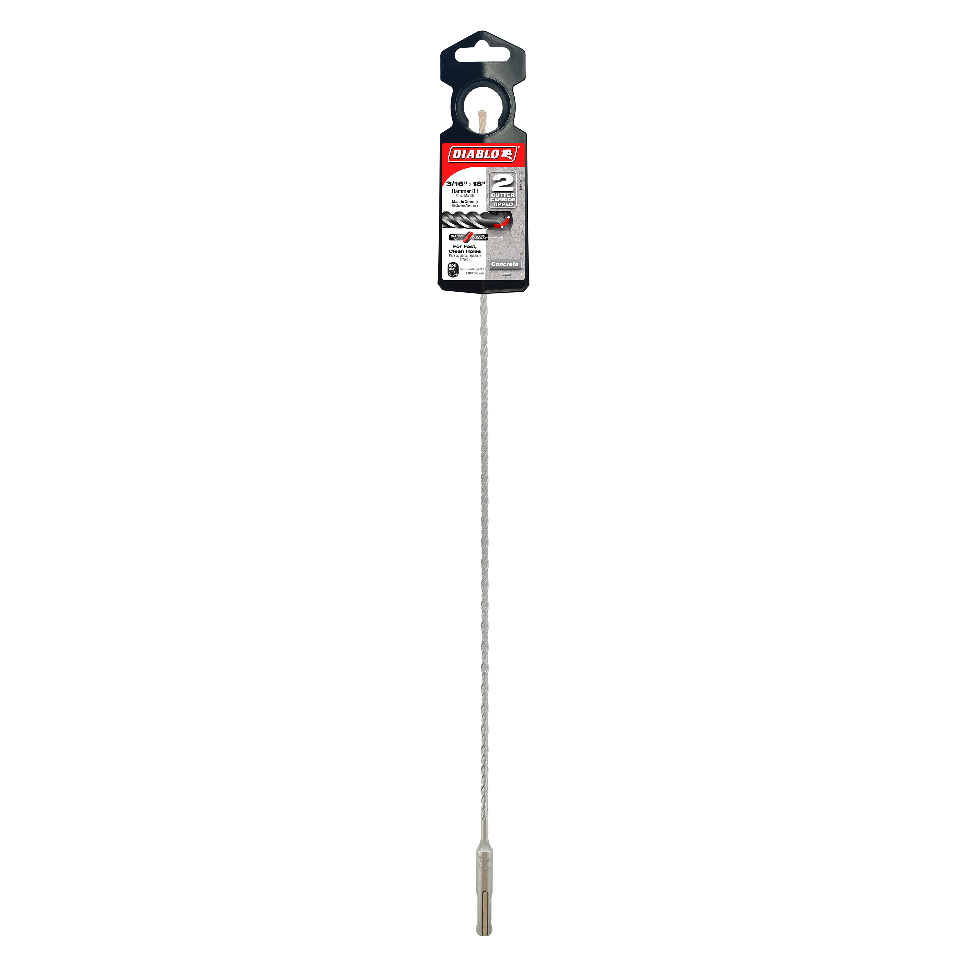 Diablo SDS-Plus hammer drill bit with black packaging label and gray fluted shaft.