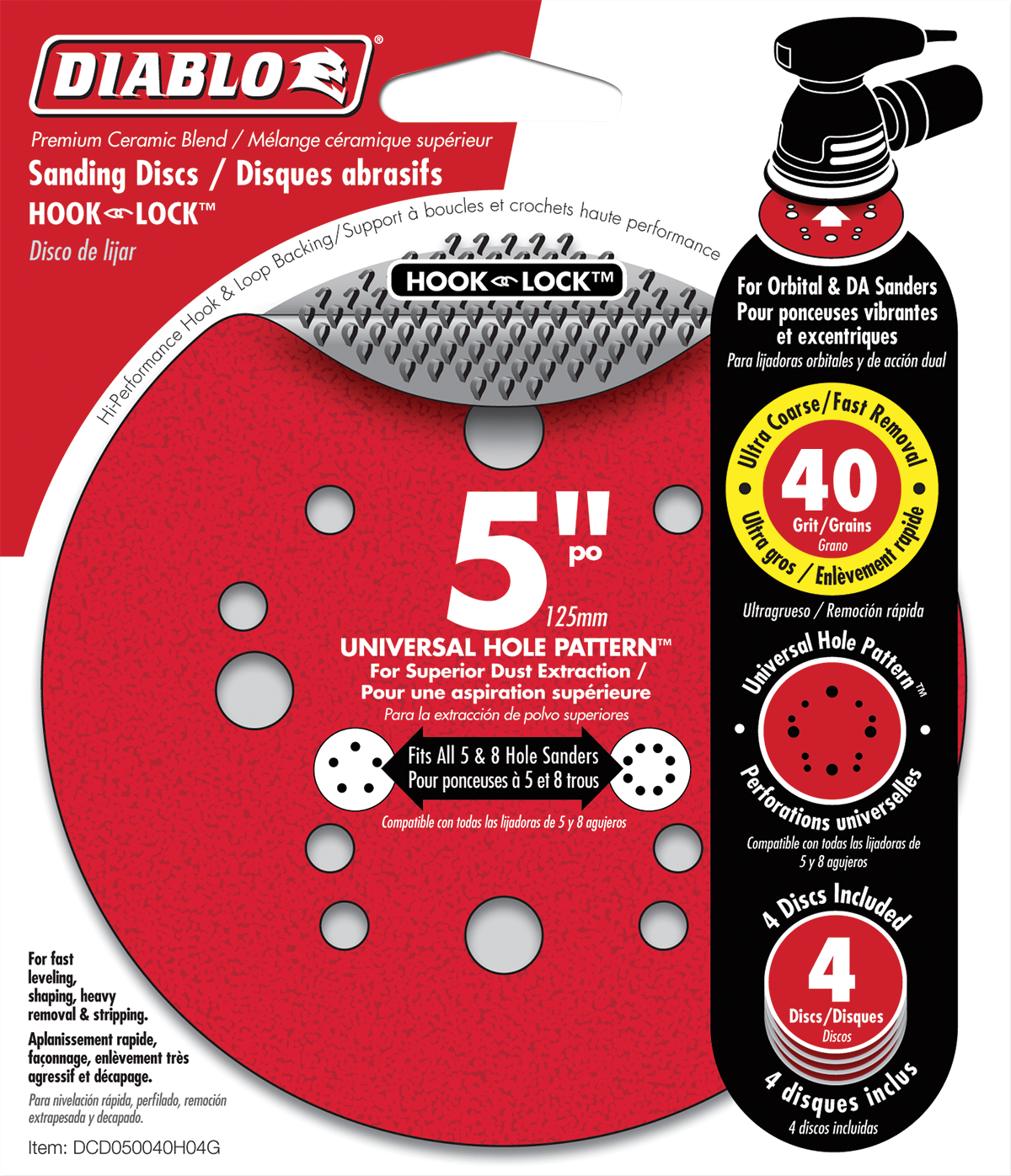 Red 5-inch Hook & Lock sanding disc with universal hole pattern and ceramic blend surface.