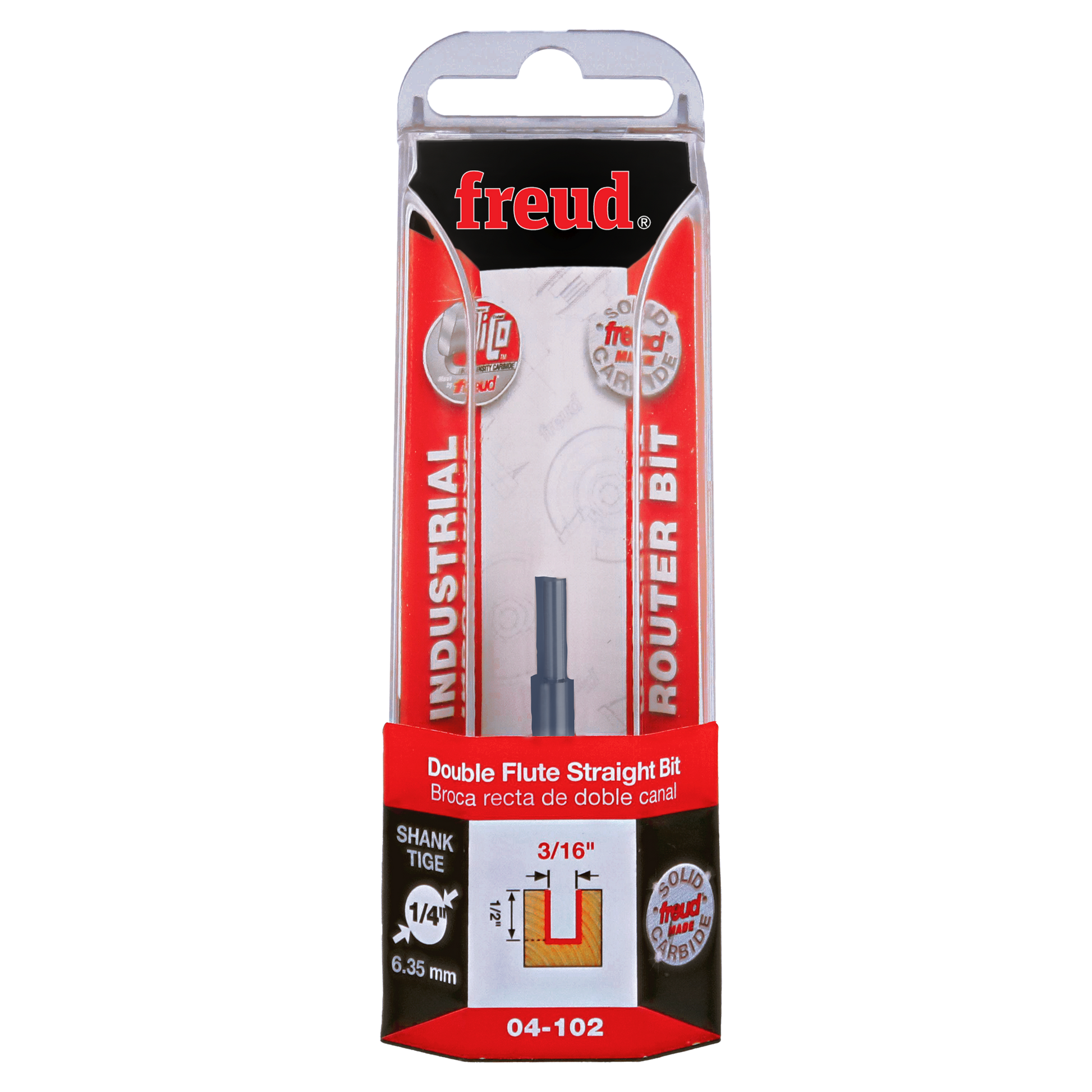 Freud 3/16" double flute straight router bit with 1/4" shank in clear plastic blister packaging.