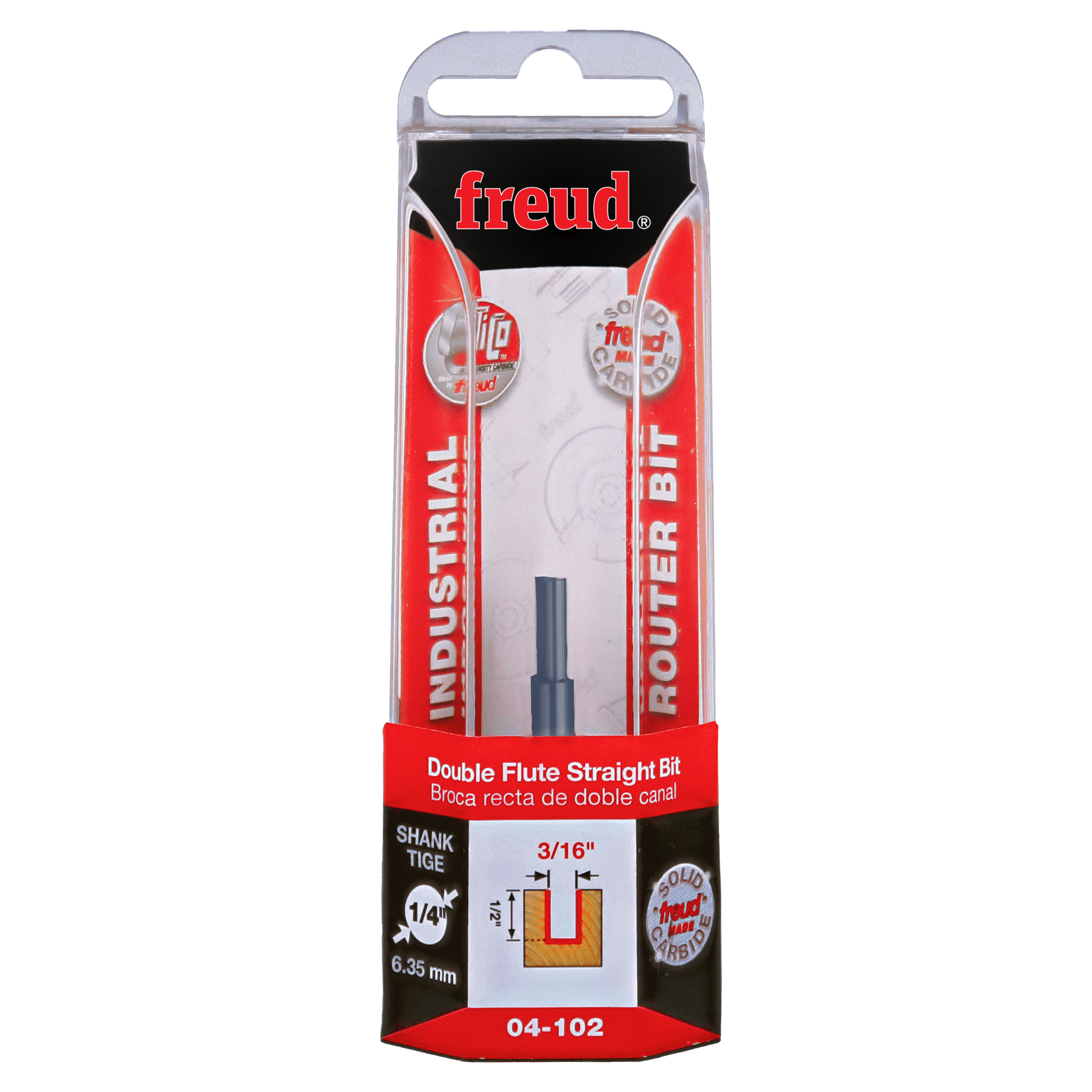 Freud 3/16" double flute straight router bit with 1/4" shank in clear plastic blister packaging.