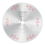Freud LU5B16 circular saw blade with silver finish, red mechanical clamping symbols, center arbor hole, and fine teeth around