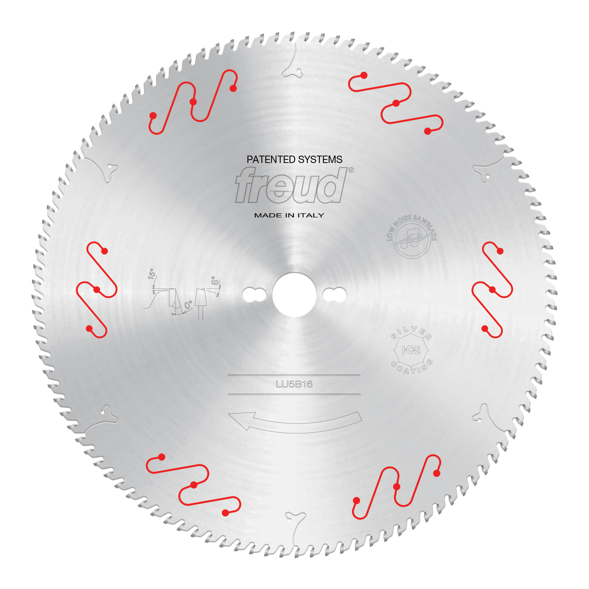 Freud LU5B16 circular saw blade with silver finish, red mechanical clamping symbols, center arbor hole, and fine teeth around