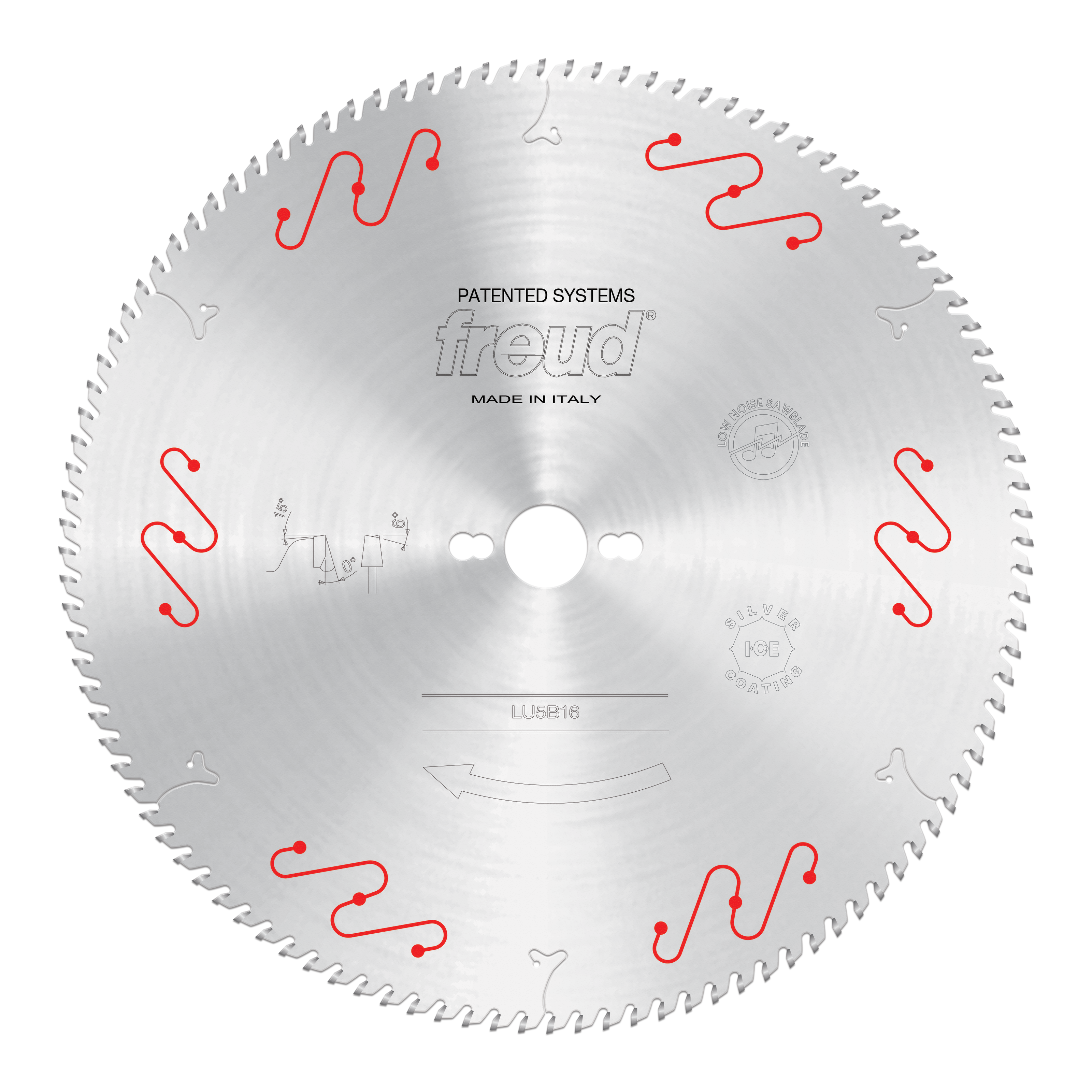 Freud LU5B16 circular saw blade with silver finish, red mechanical clamping symbols, center arbor hole, and fine teeth around