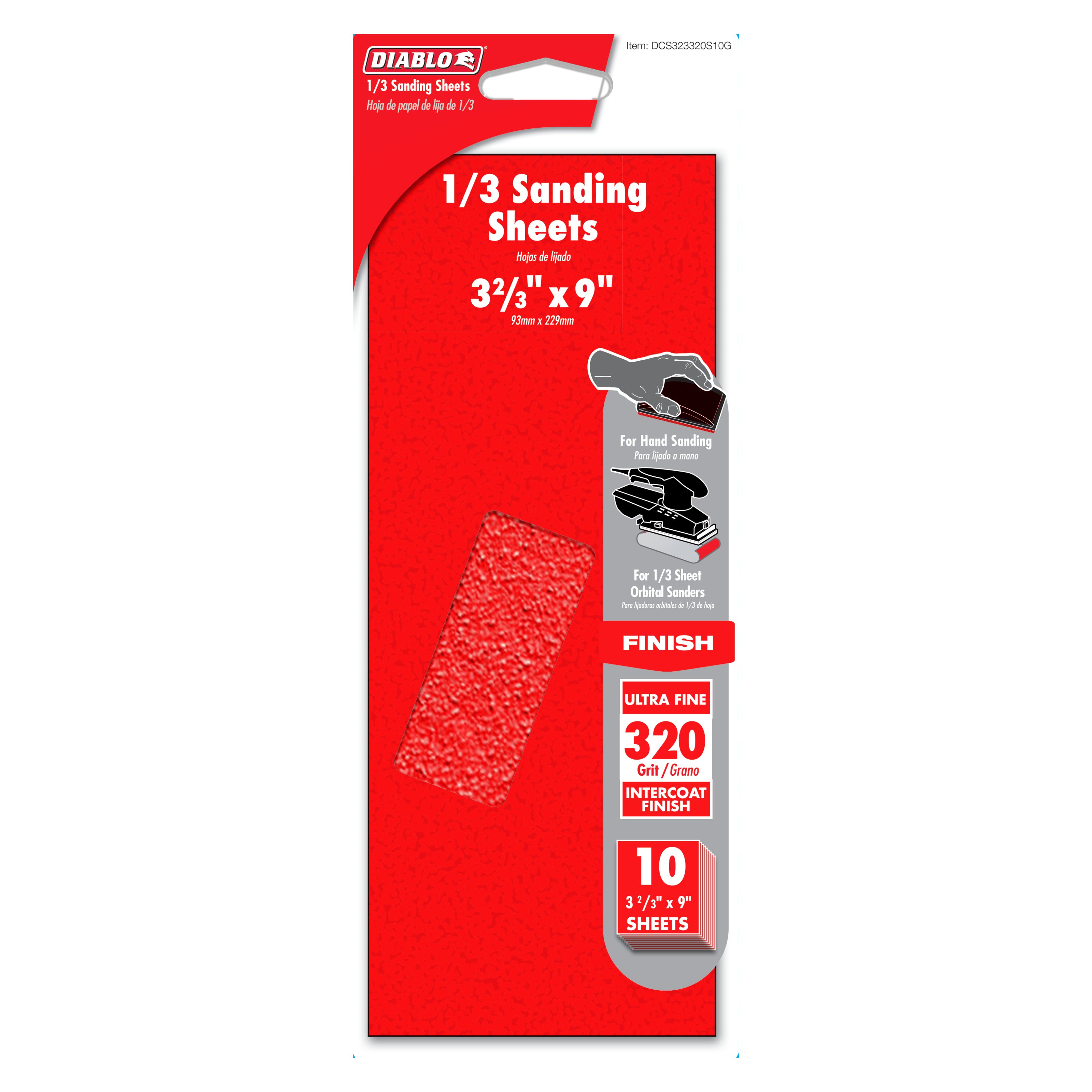 Diablo brand 1/3 sheet sanding sheets in 320-grit ultra fine on red packaging with 10-piece count displayed.