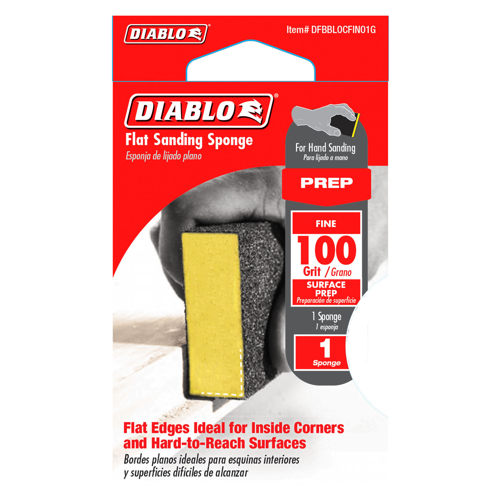 Yellow and gray flat sanding sponge with 100-grit fine surface for hand sanding.