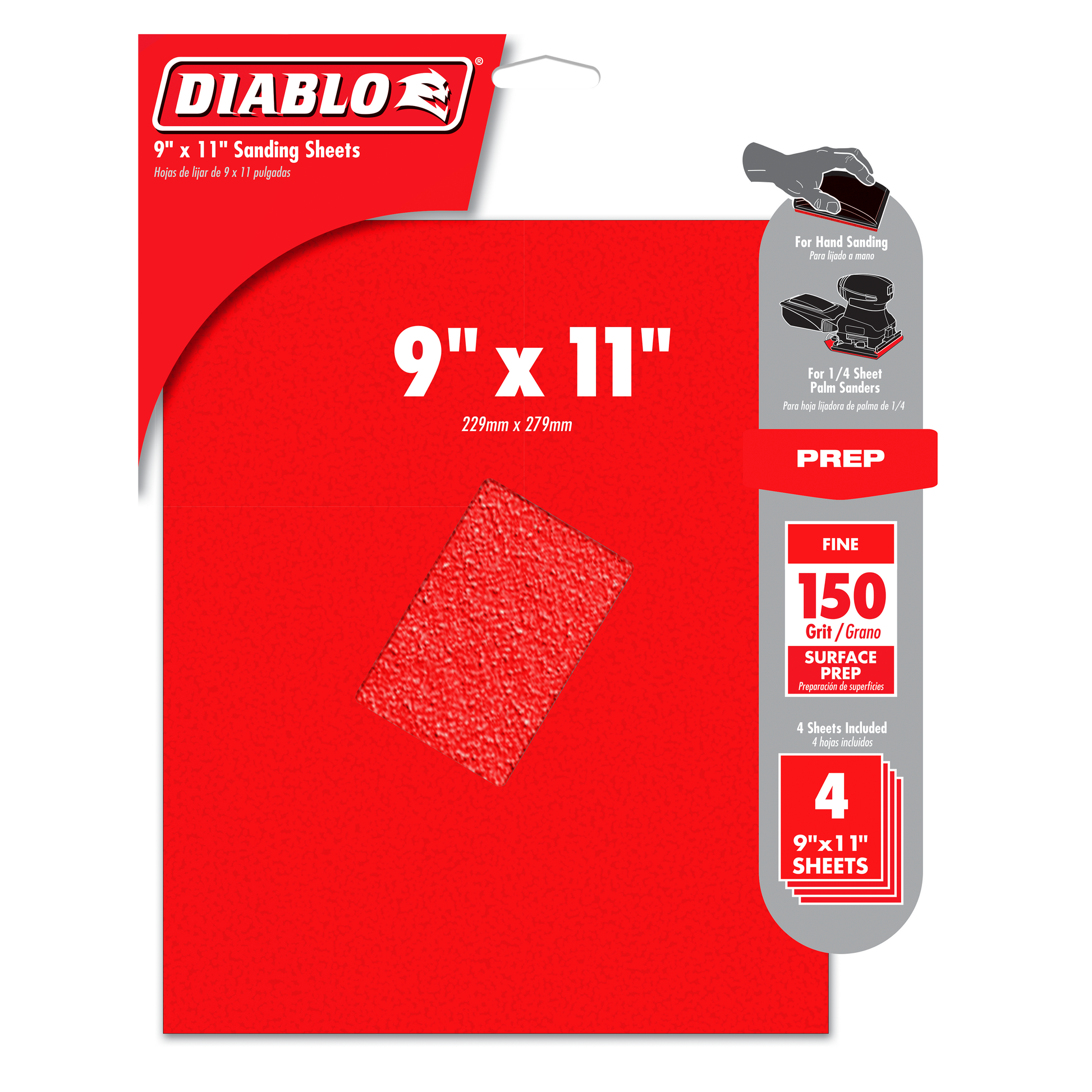 Diablo brand 9" x 11" red sanding sheet package with 150-grit specification and four sheets visible.