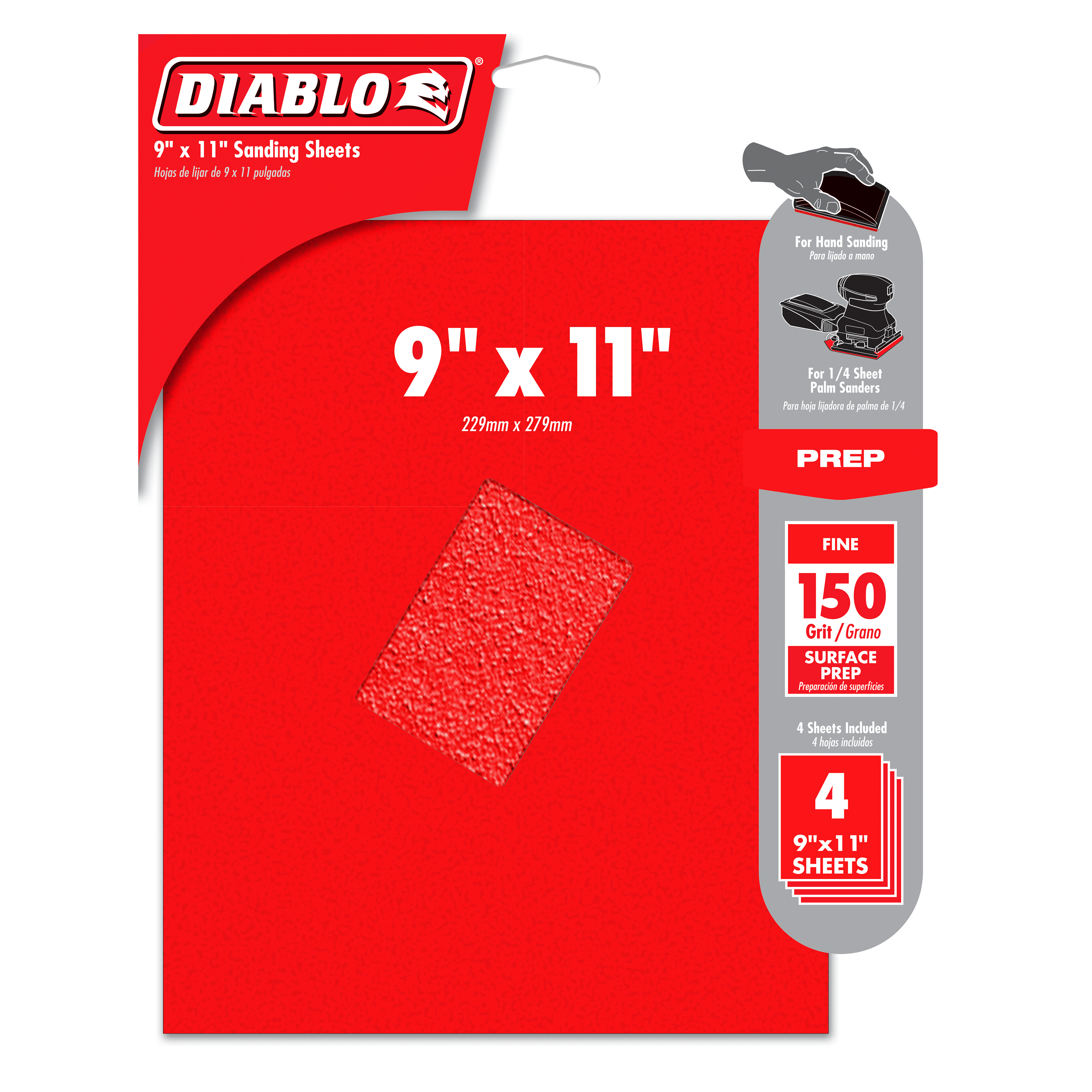 Diablo brand 9" x 11" red sanding sheet package with 150-grit specification and four sheets visible.