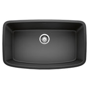 Anthracite single bowl undermount sink with rounded corners and chrome drain strainer, viewed from above.