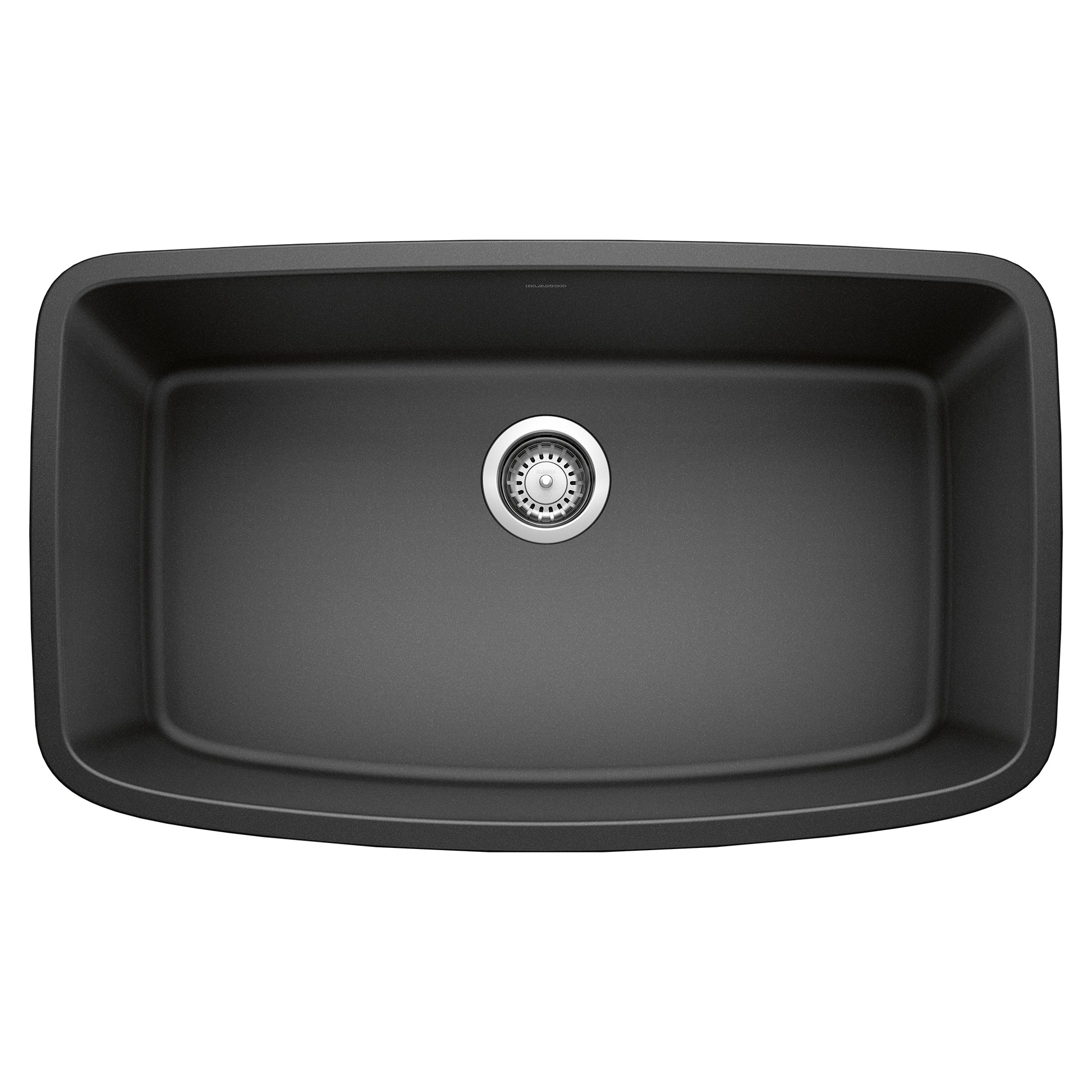 Anthracite single bowl undermount sink with rounded corners and chrome drain strainer, viewed from above.