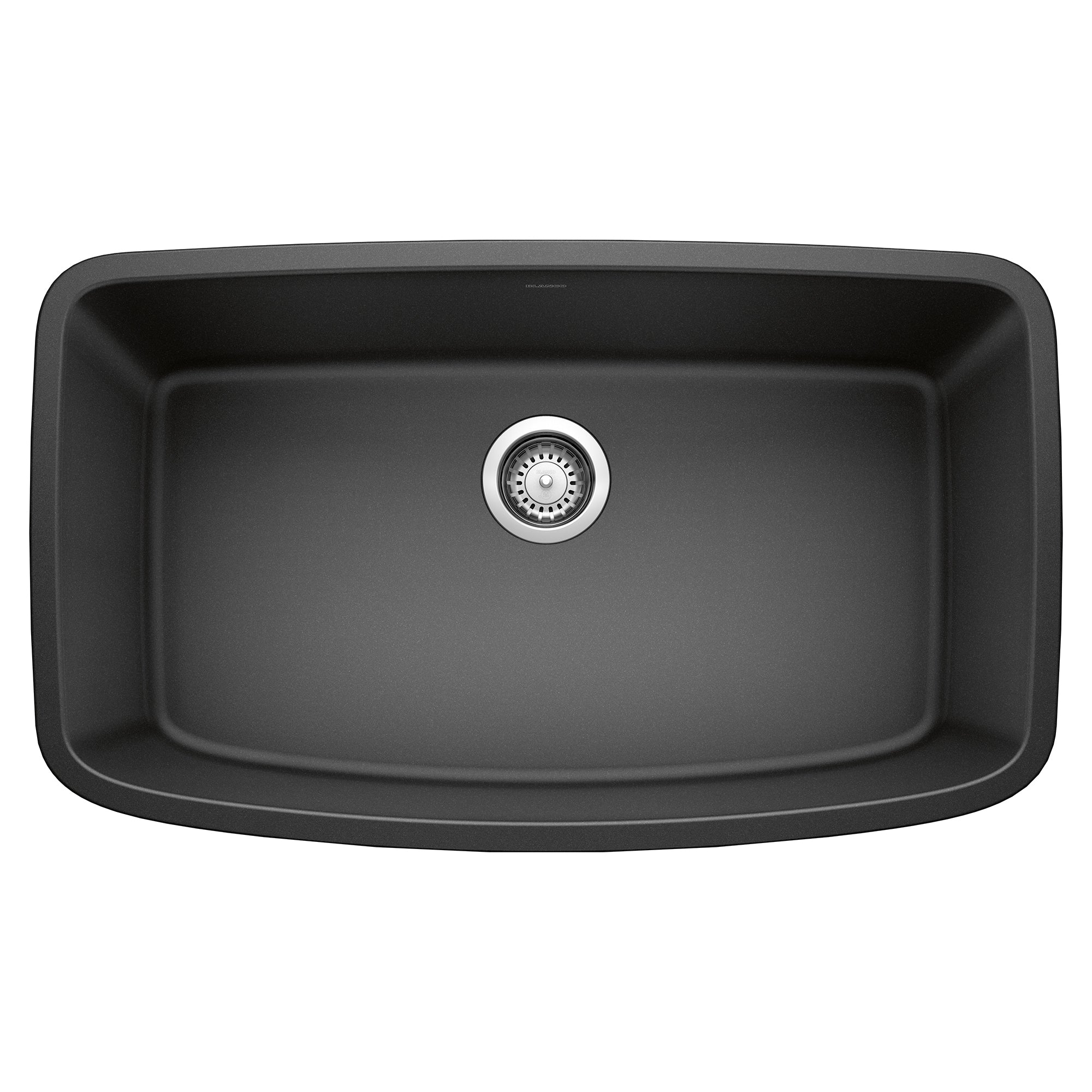 Anthracite single bowl undermount sink with rounded corners and chrome drain strainer, viewed from above.