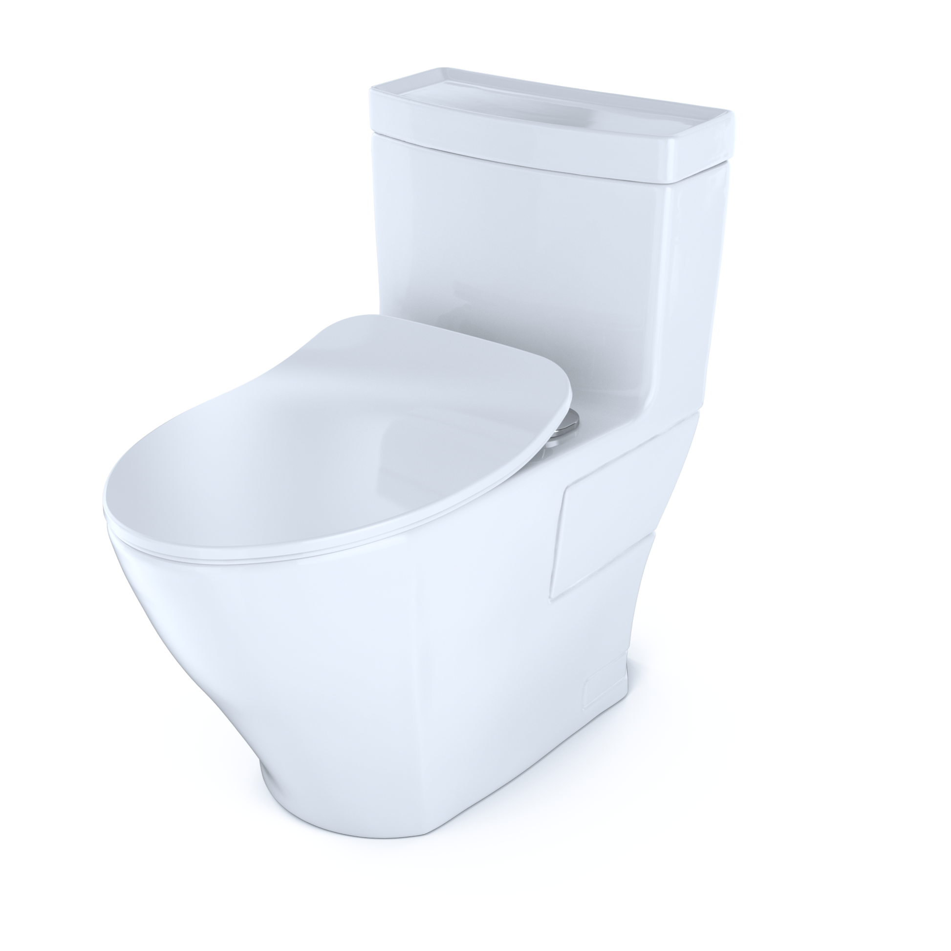 White one-piece elongated toilet with soft-close seat and integrated tank.