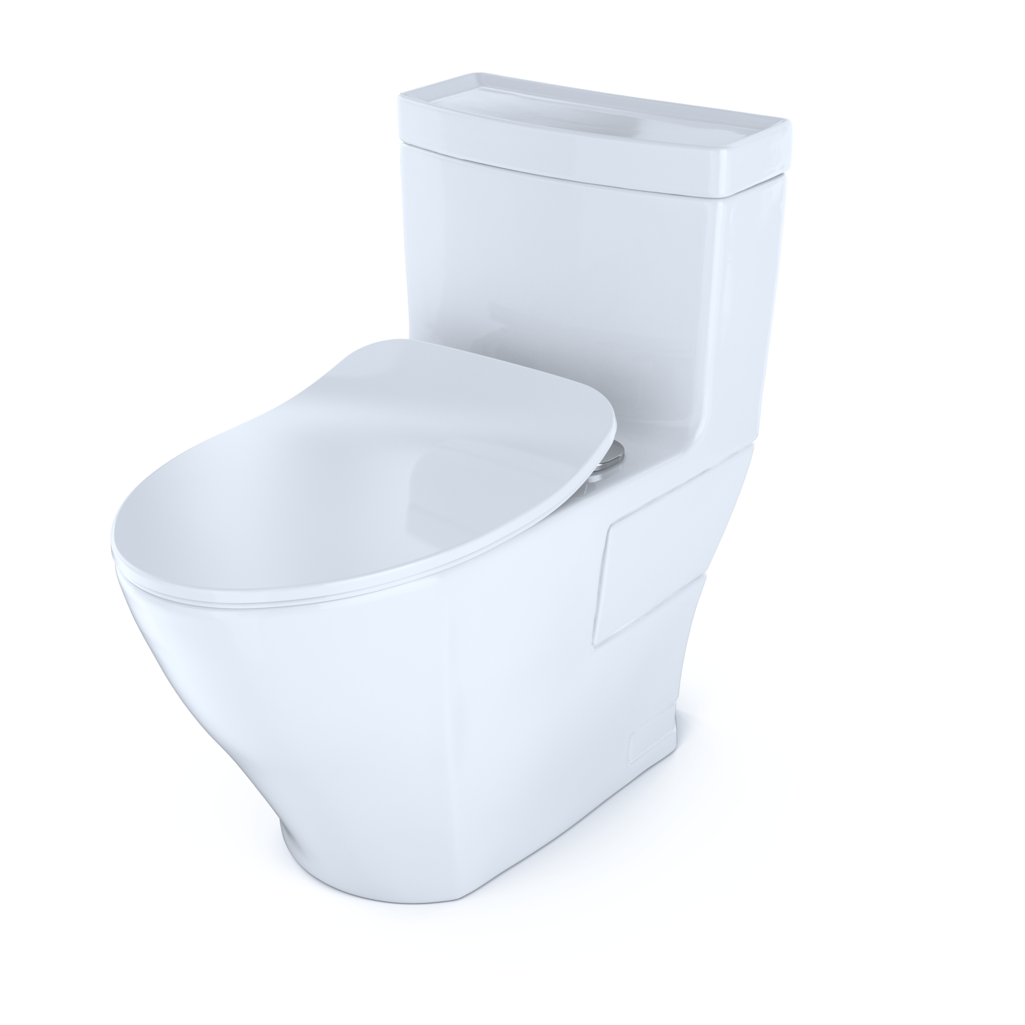 White one-piece elongated toilet with soft-close seat and integrated tank.