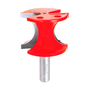 Red half round router bit with metal shank and curved cutting edge on white background.