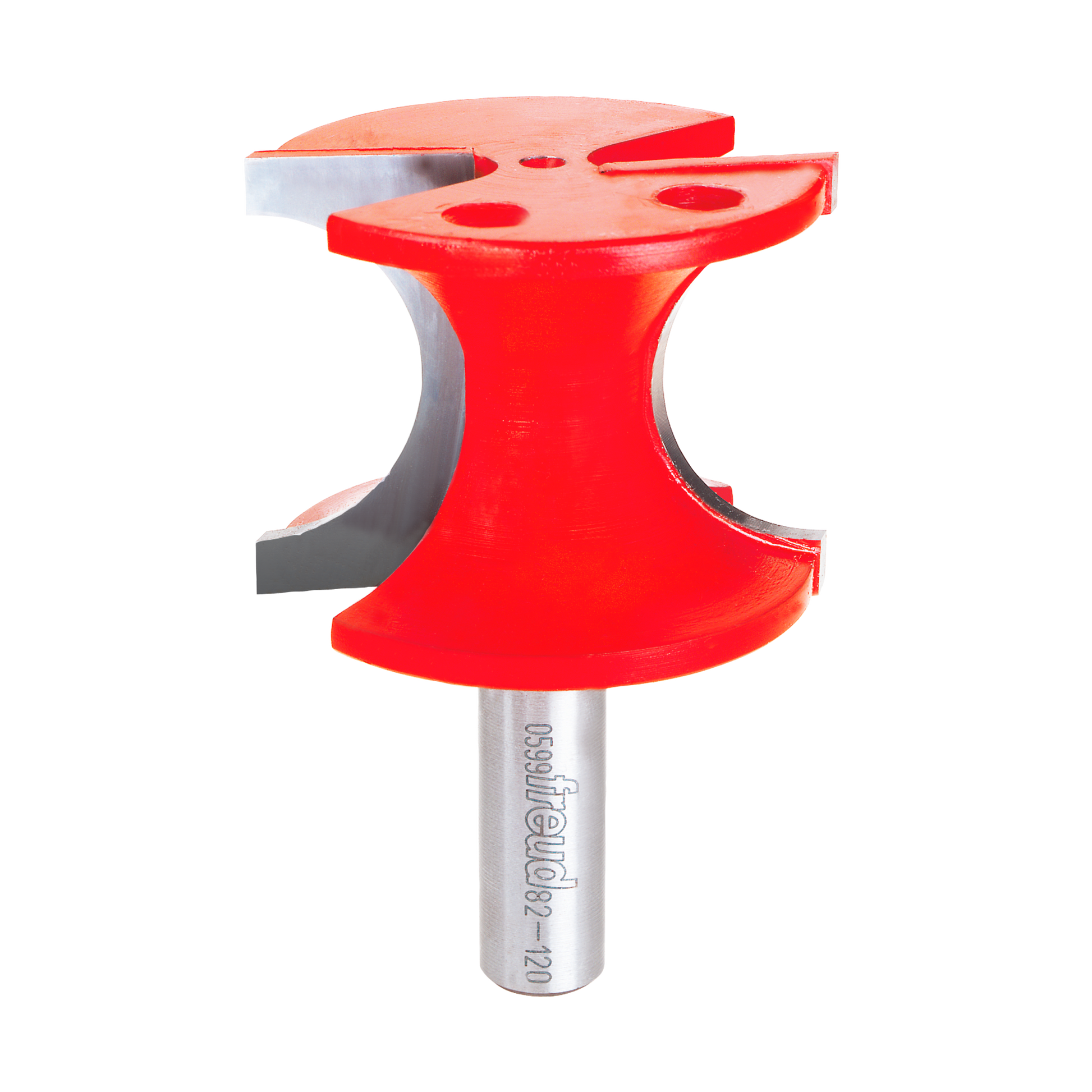 Red half round router bit with metal shank and curved cutting edge on white background.