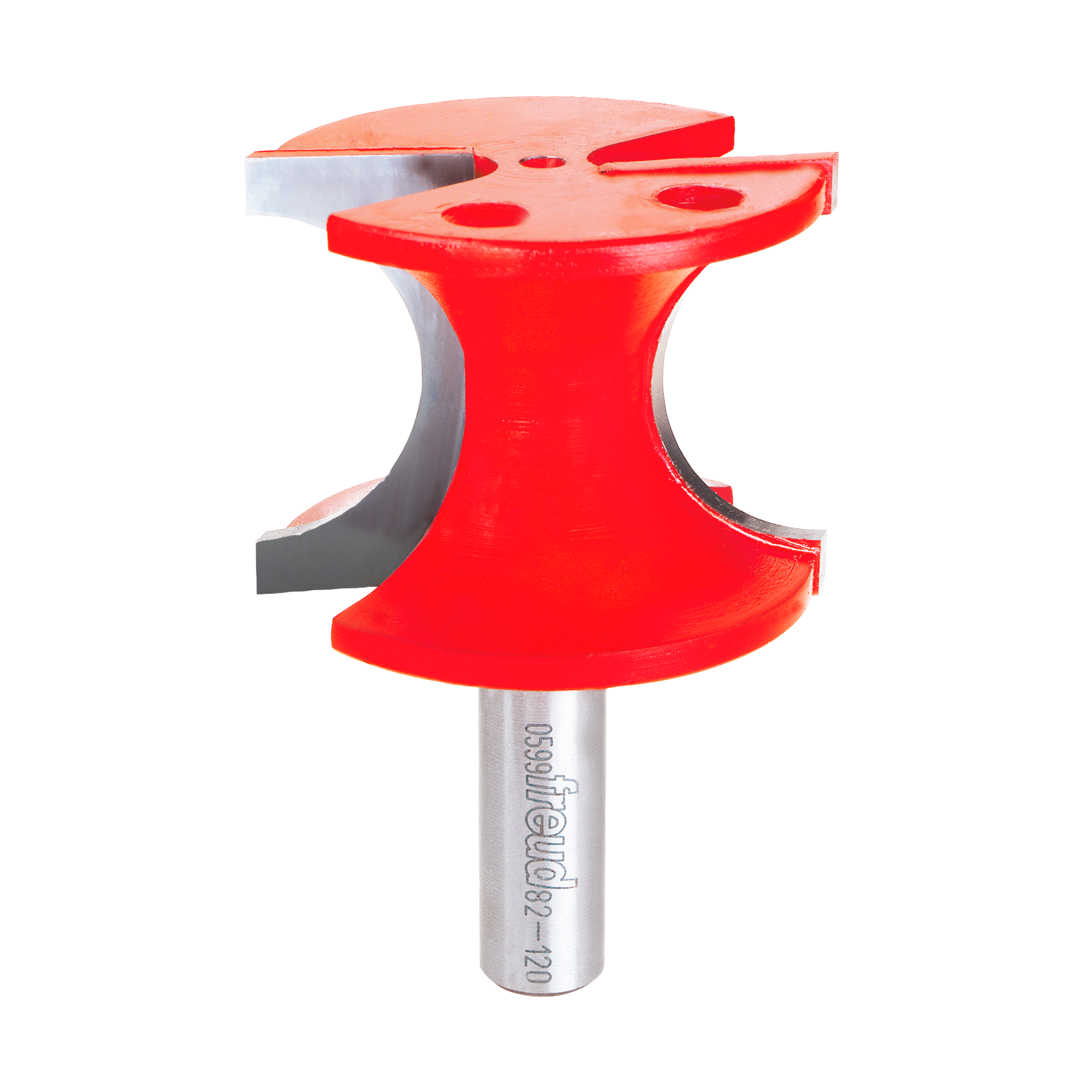 Red half round router bit with metal shank and curved cutting edge on white background.