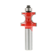 Red and silver router bit with rounded profile cutting edges and bearing collar at top.