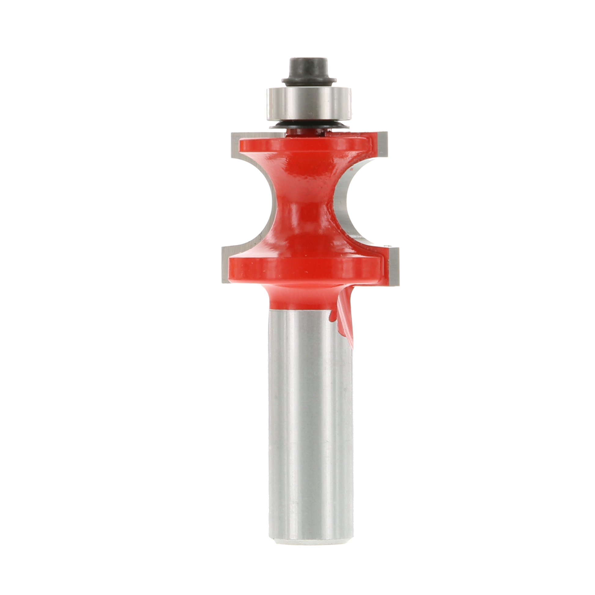 Red and silver router bit with rounded profile cutting edges and bearing collar at top.