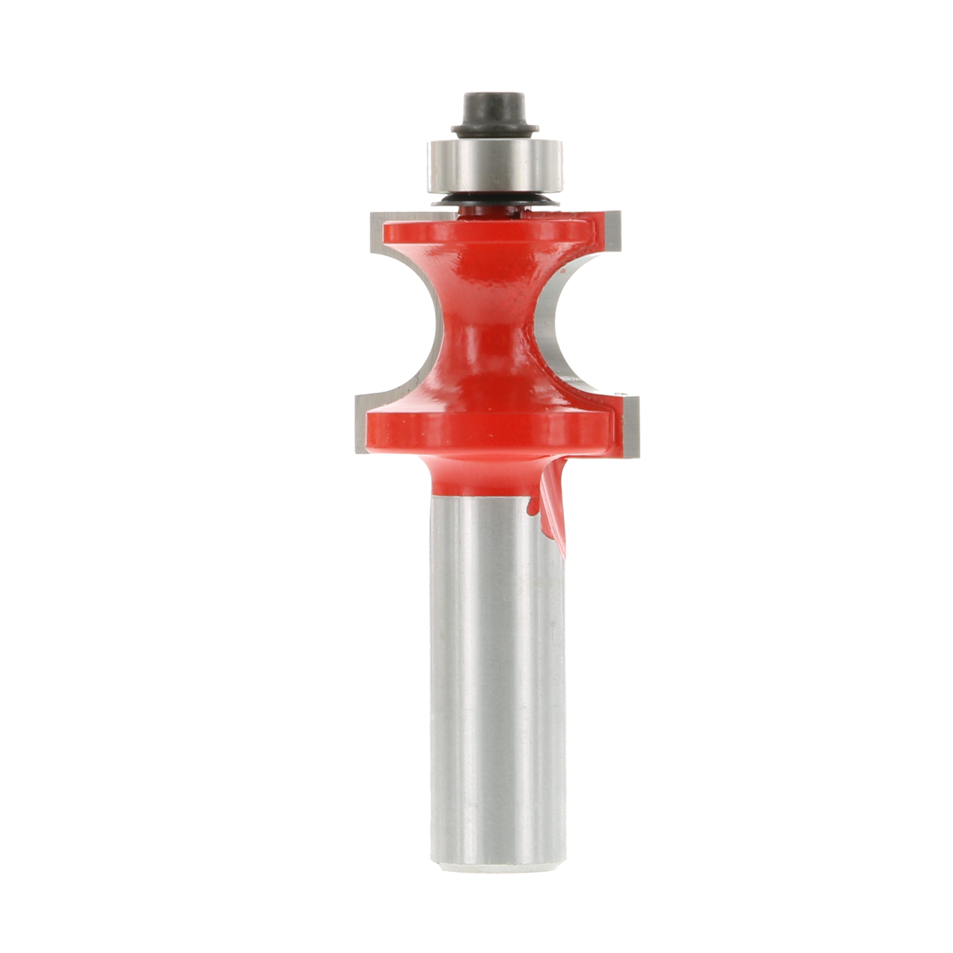 Red and silver router bit with rounded profile cutting edges and bearing collar at top.