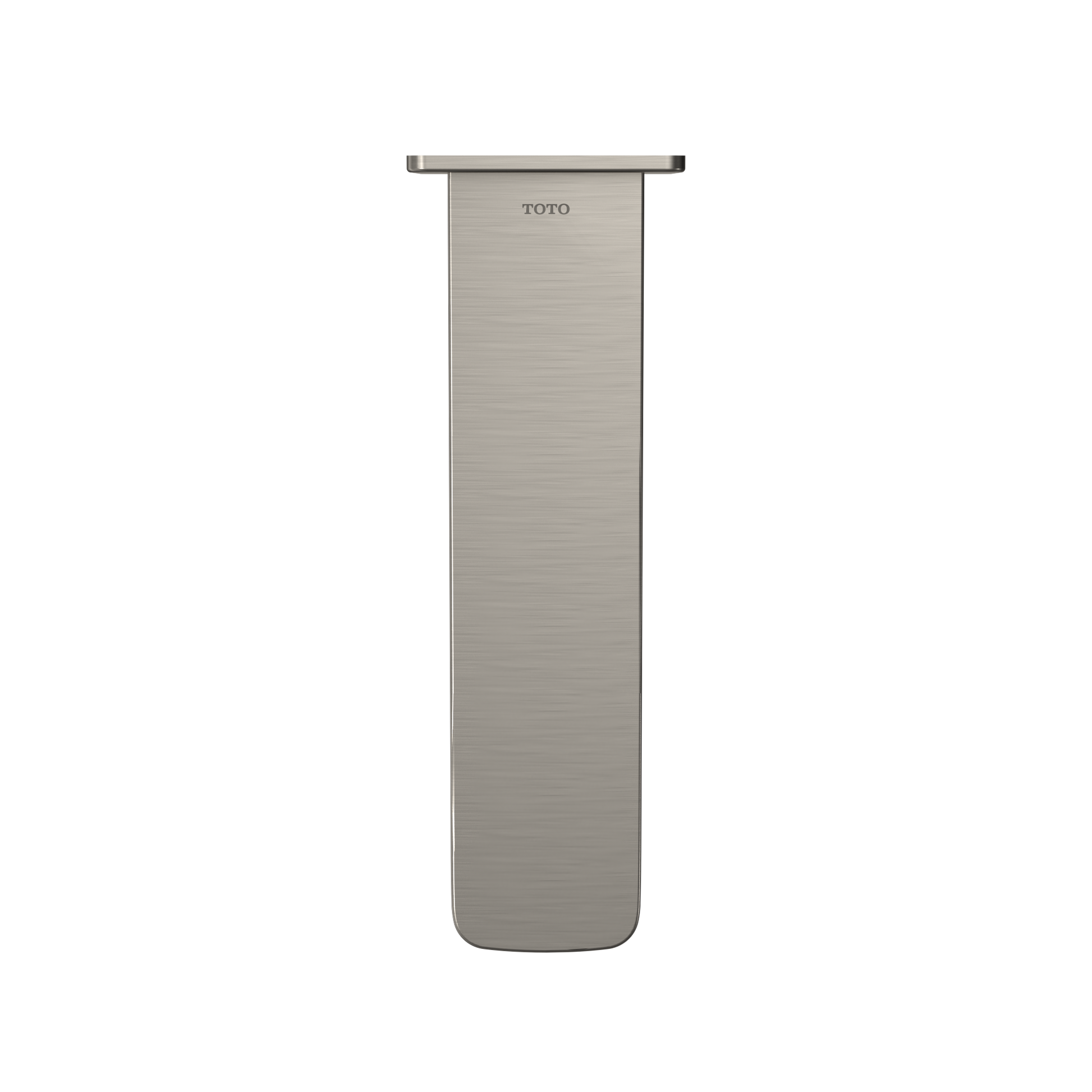 Brushed nickel wall-mounted tub spout with rectangular body and rounded bottom end.