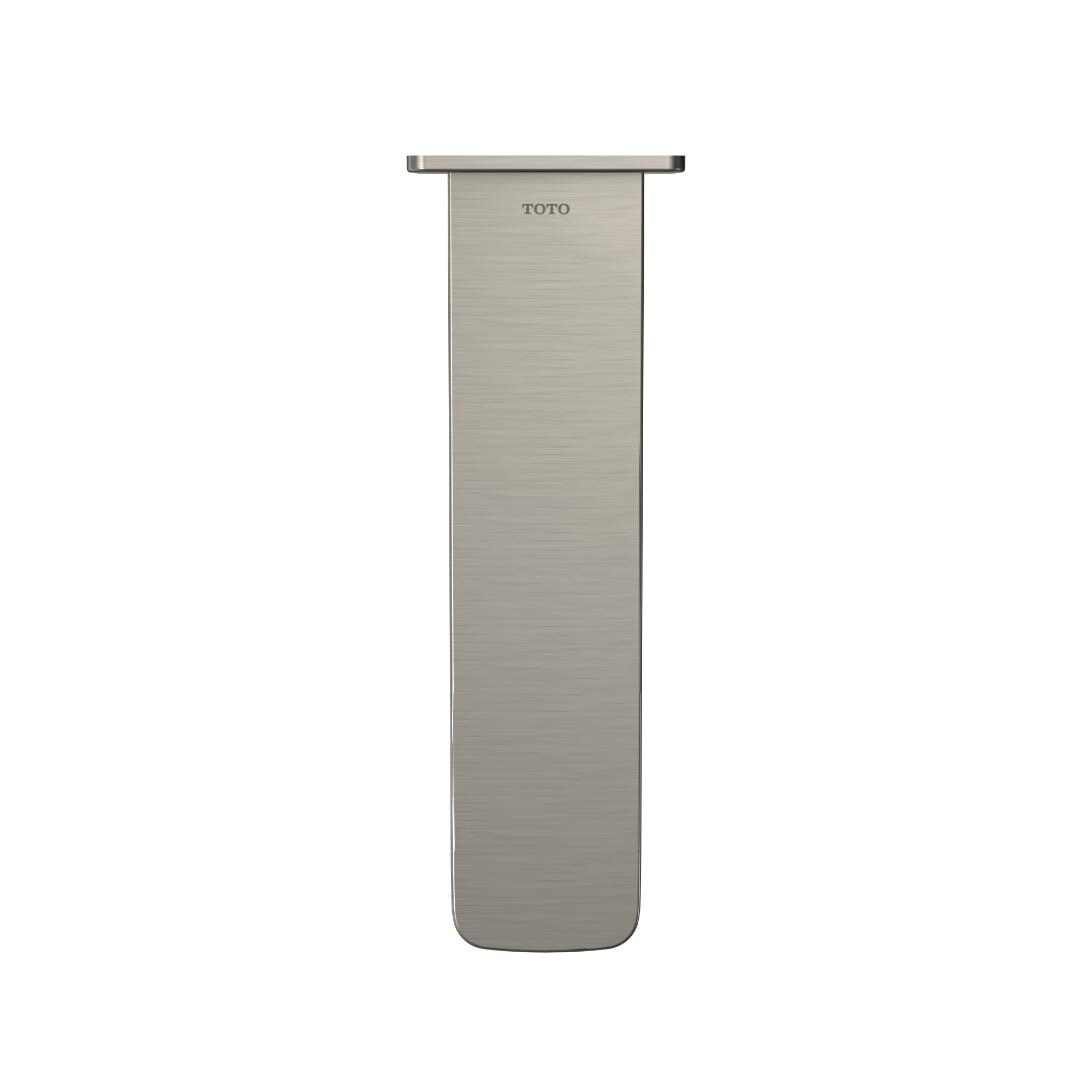 Brushed nickel wall-mounted tub spout with rectangular body and rounded bottom end.