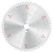 Circular saw blade with 60 teeth, central mounting hole, and red/white logos on silver surface.