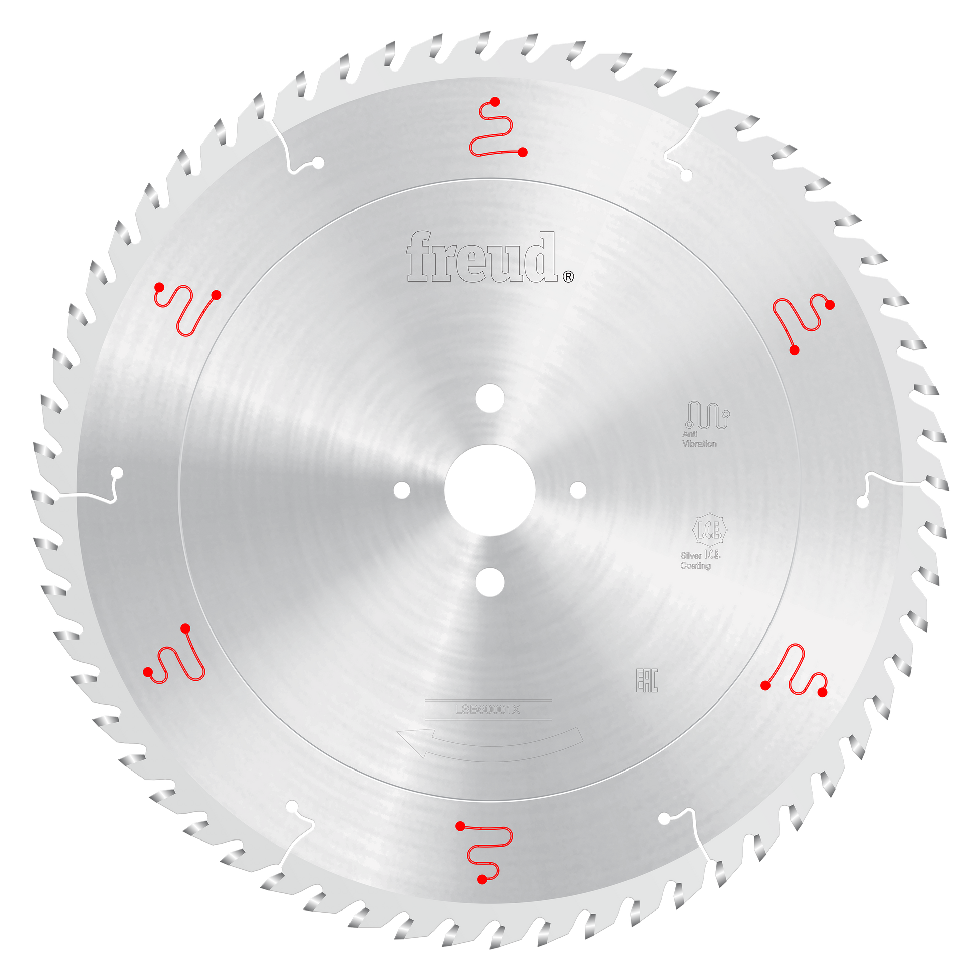 Circular saw blade with 60 teeth, central mounting hole, and red/white logos on silver surface.