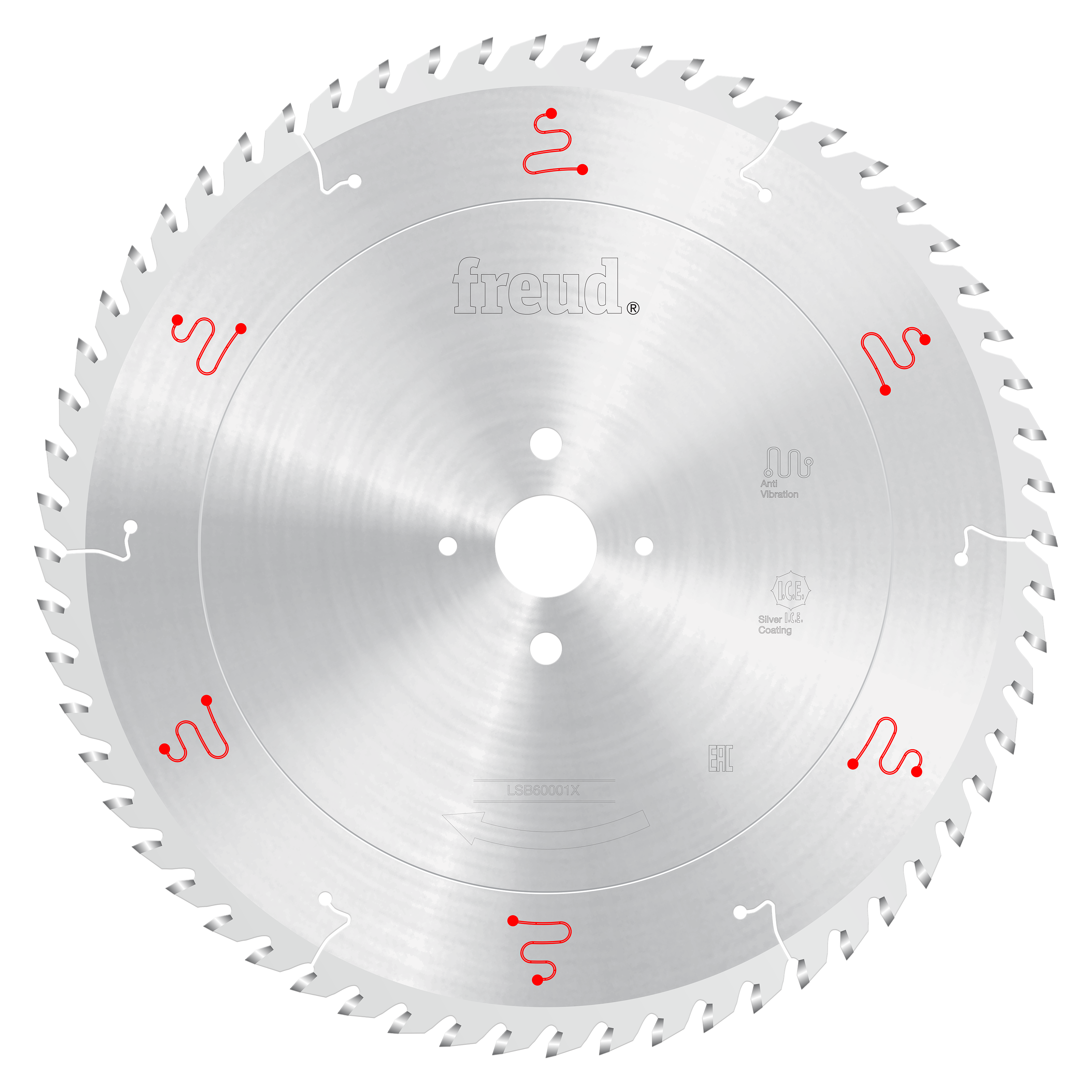 Circular saw blade with 60 teeth, central mounting hole, and red/white logos on silver surface.