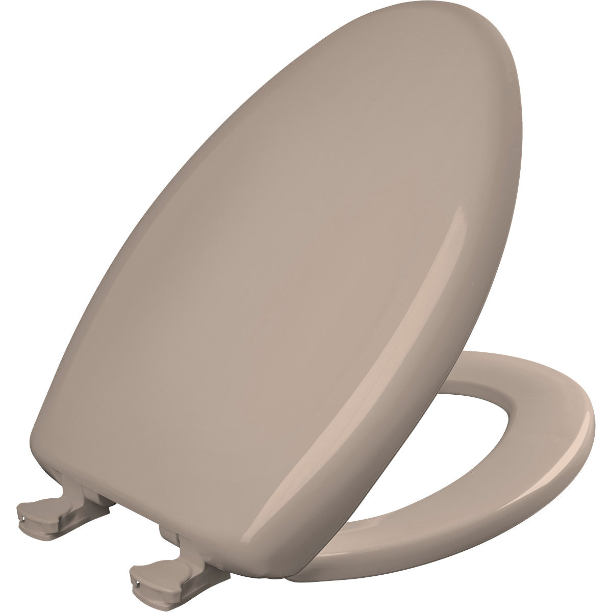 Elongated toilet seat in fawn beige with hinged lid and seat handle.