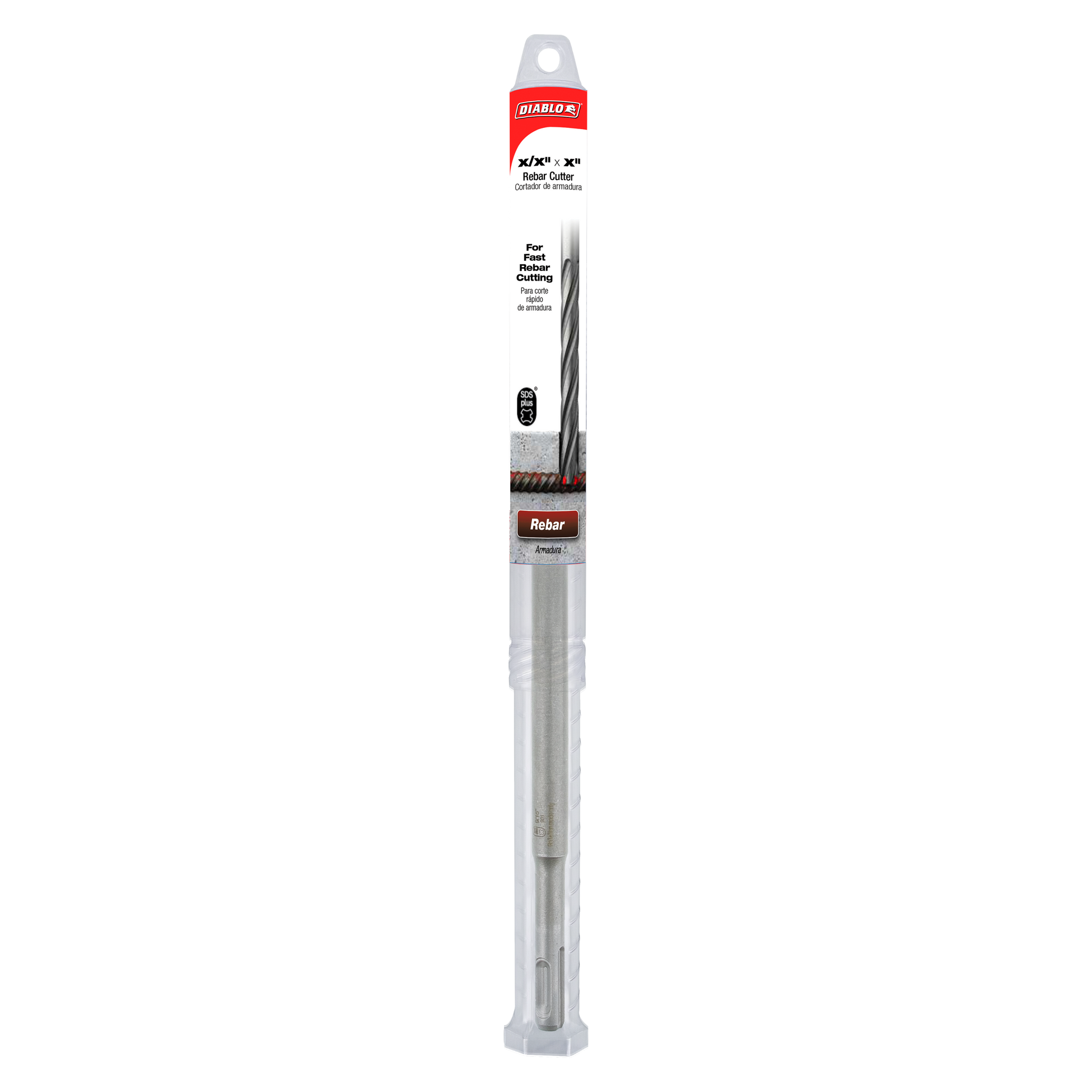 Diablo SDS-Plus rebar cutter bit with red and black packaging label, 9/16 inch by 12 inch size.