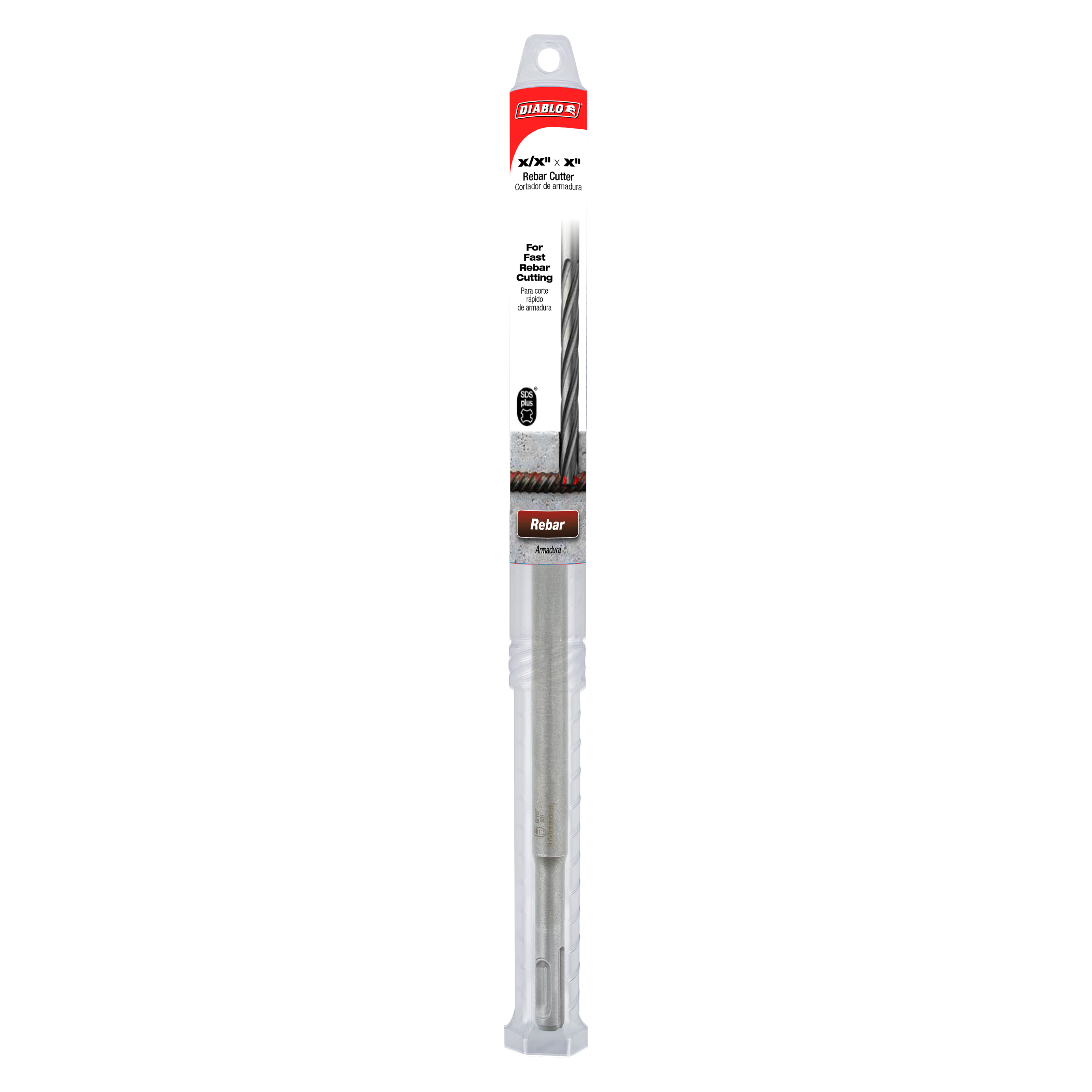 Diablo SDS-Plus rebar cutter bit with red and black packaging label, 9/16 inch by 12 inch size.