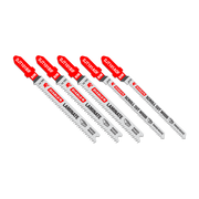 Five Diablo bi-metal T-shank jig saw blades with red handles, three labeled for laminate and two for scroll cut wood.