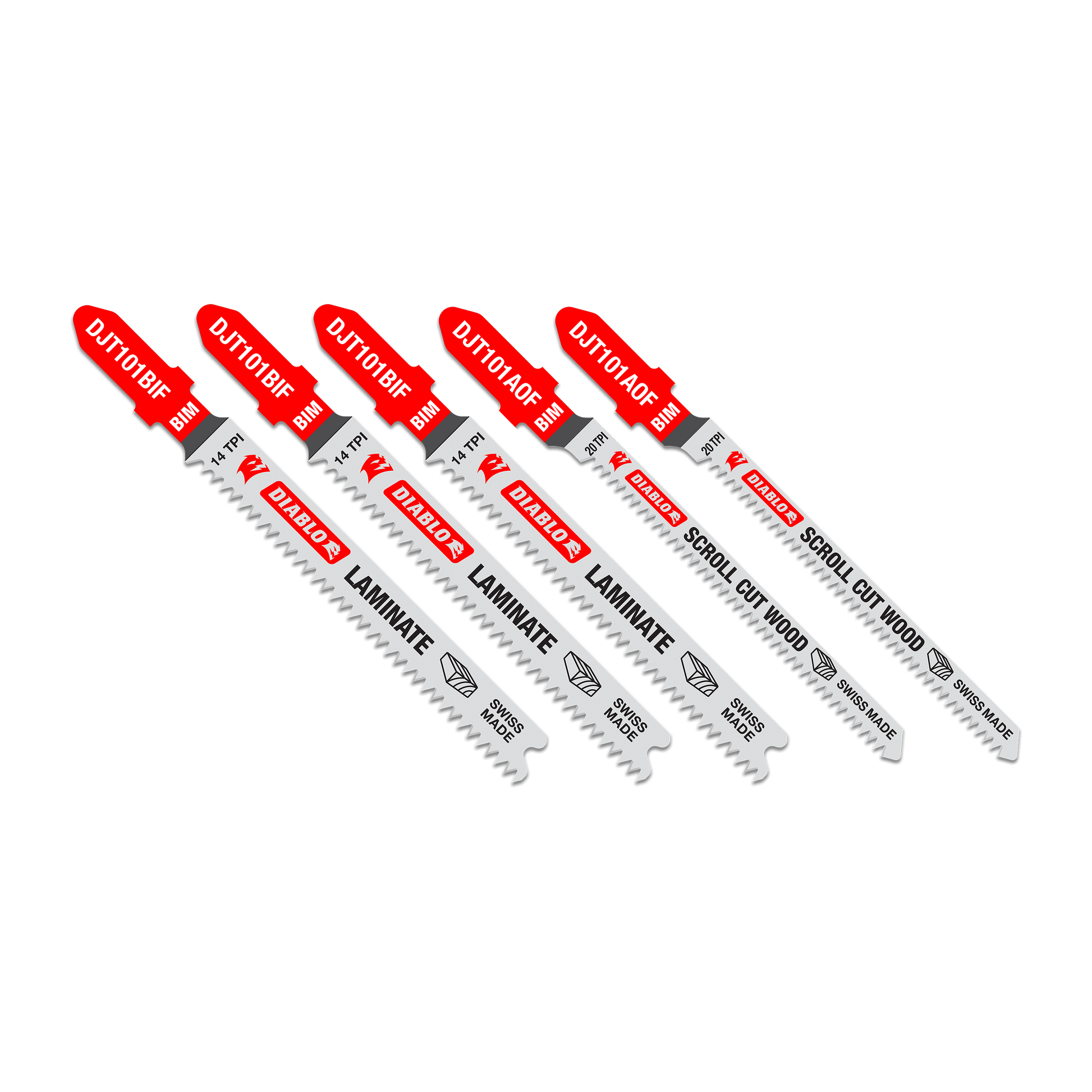 Five Diablo bi-metal T-shank jig saw blades with red handles, three labeled for laminate and two for scroll cut wood.