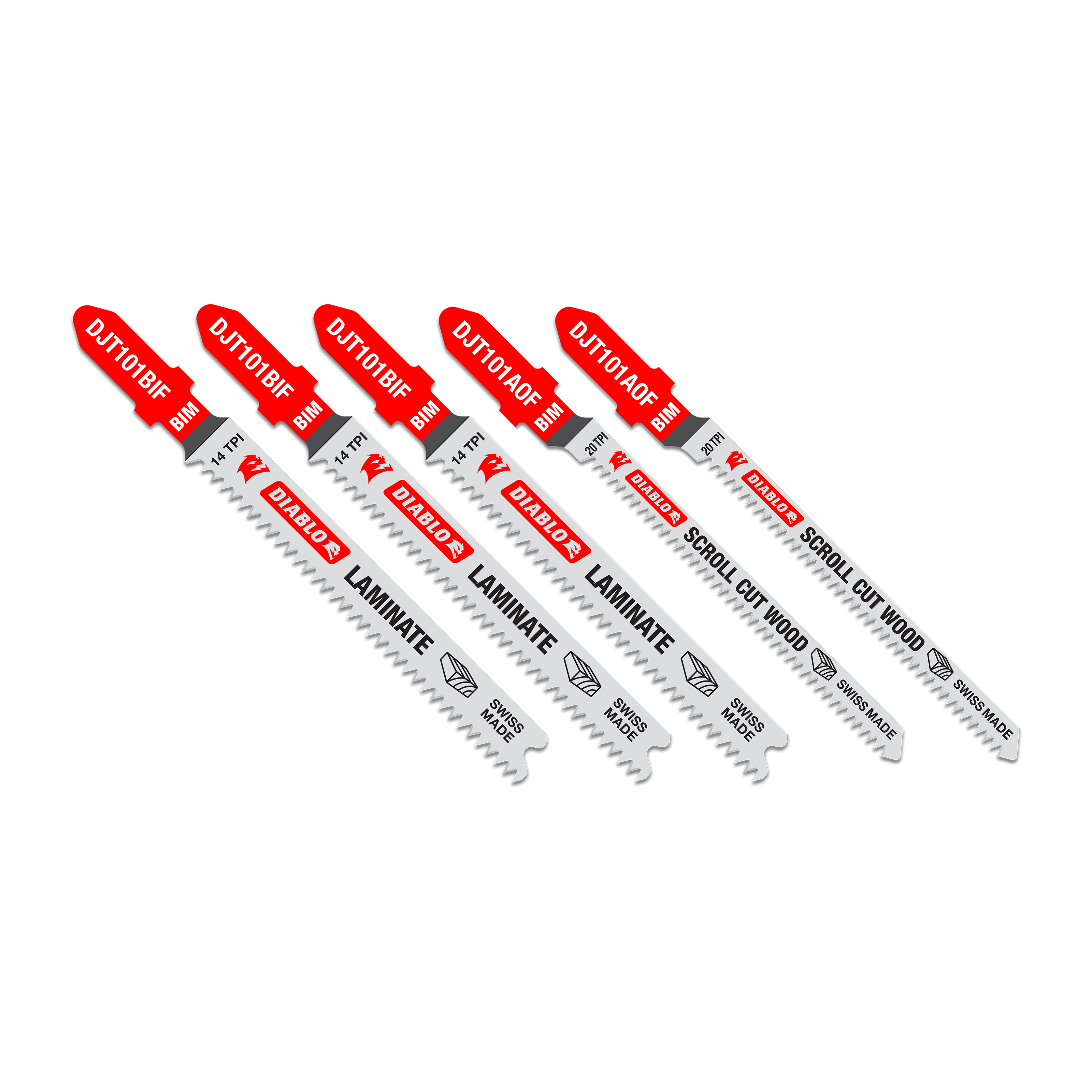 Five Diablo bi-metal T-shank jig saw blades with red handles, three labeled for laminate and two for scroll cut wood.