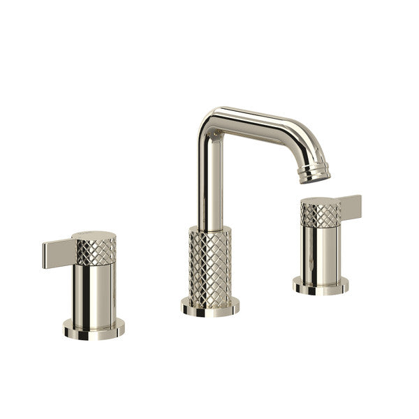 Polished nickel three-piece widespread lavatory faucet with U-shaped spout and crosshatch-textured handles.
