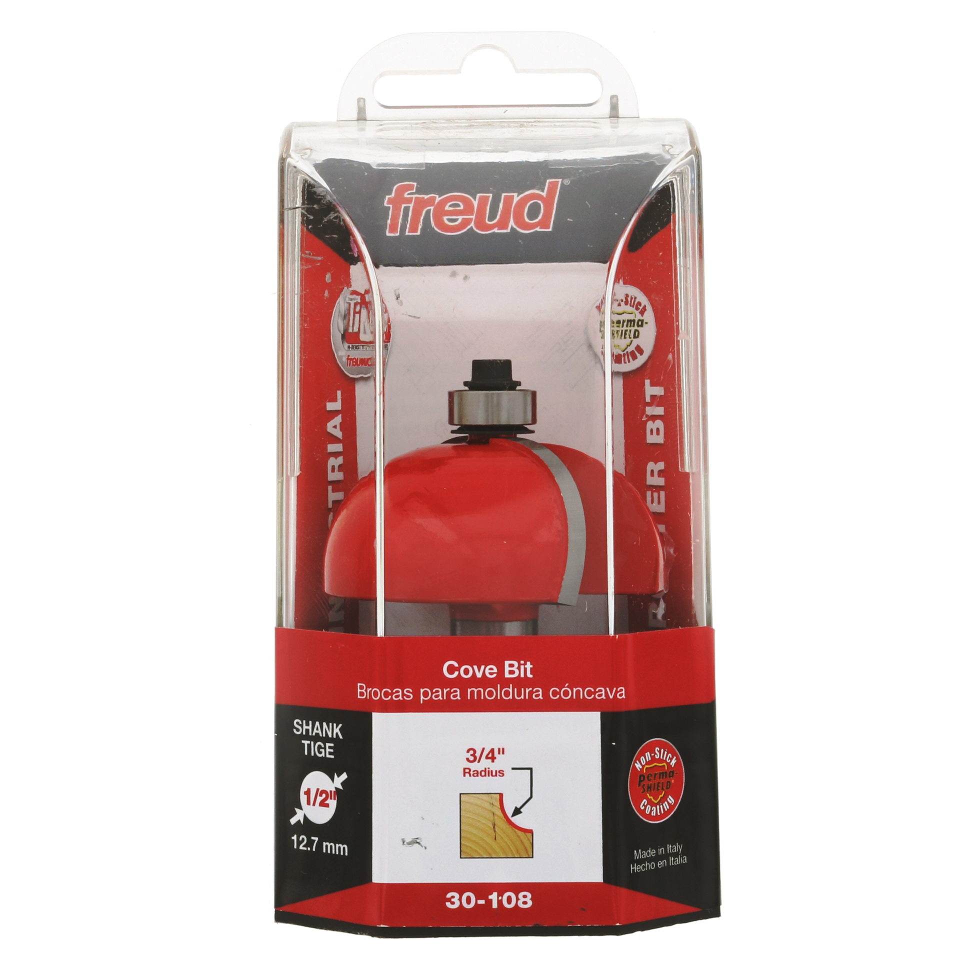 Freud cove bit with red body, 1/2" shank, 3/4" radius, model 30-108 in clear plastic clamshell packaging.