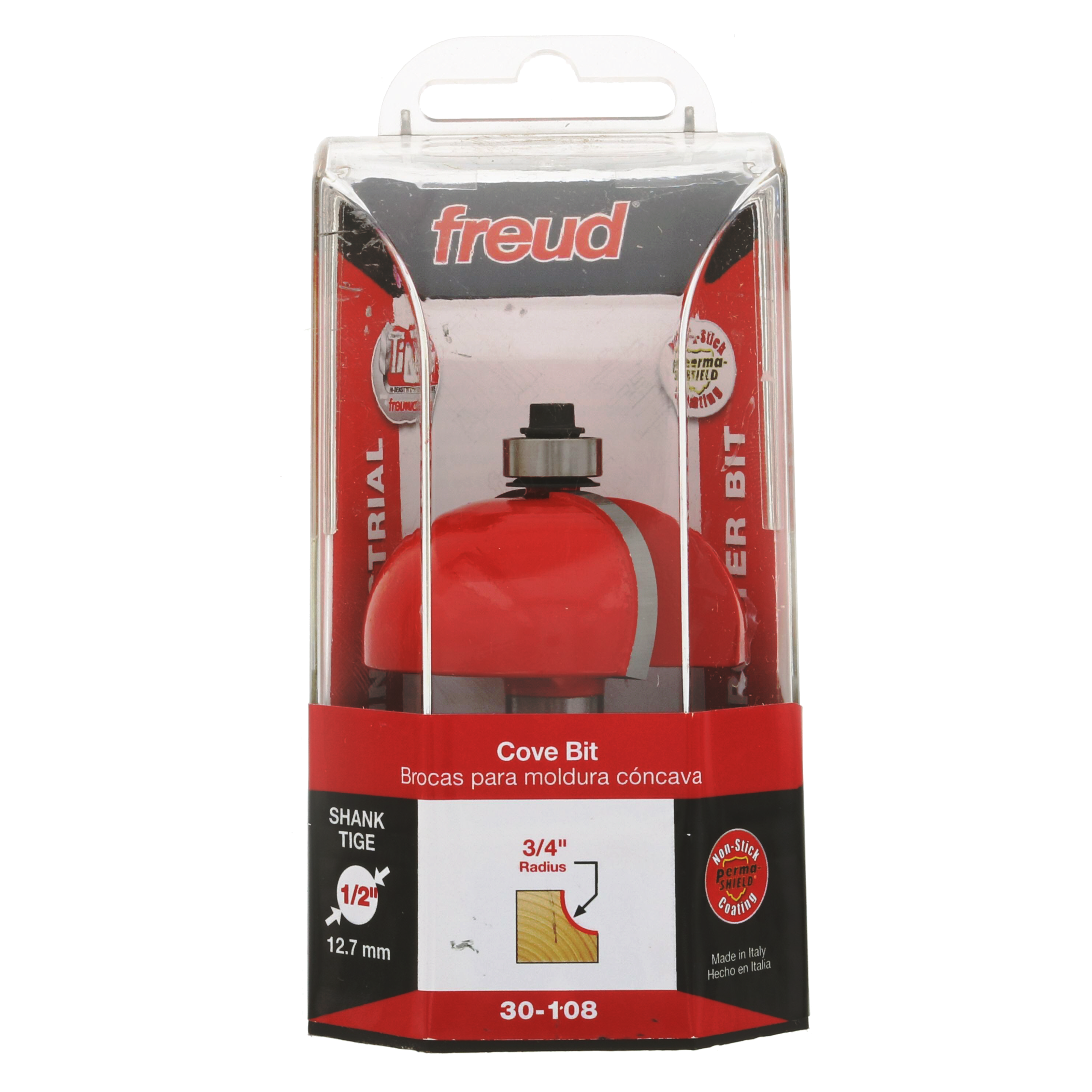 Freud cove bit with red body, 1/2" shank, 3/4" radius, model 30-108 in clear plastic clamshell packaging.