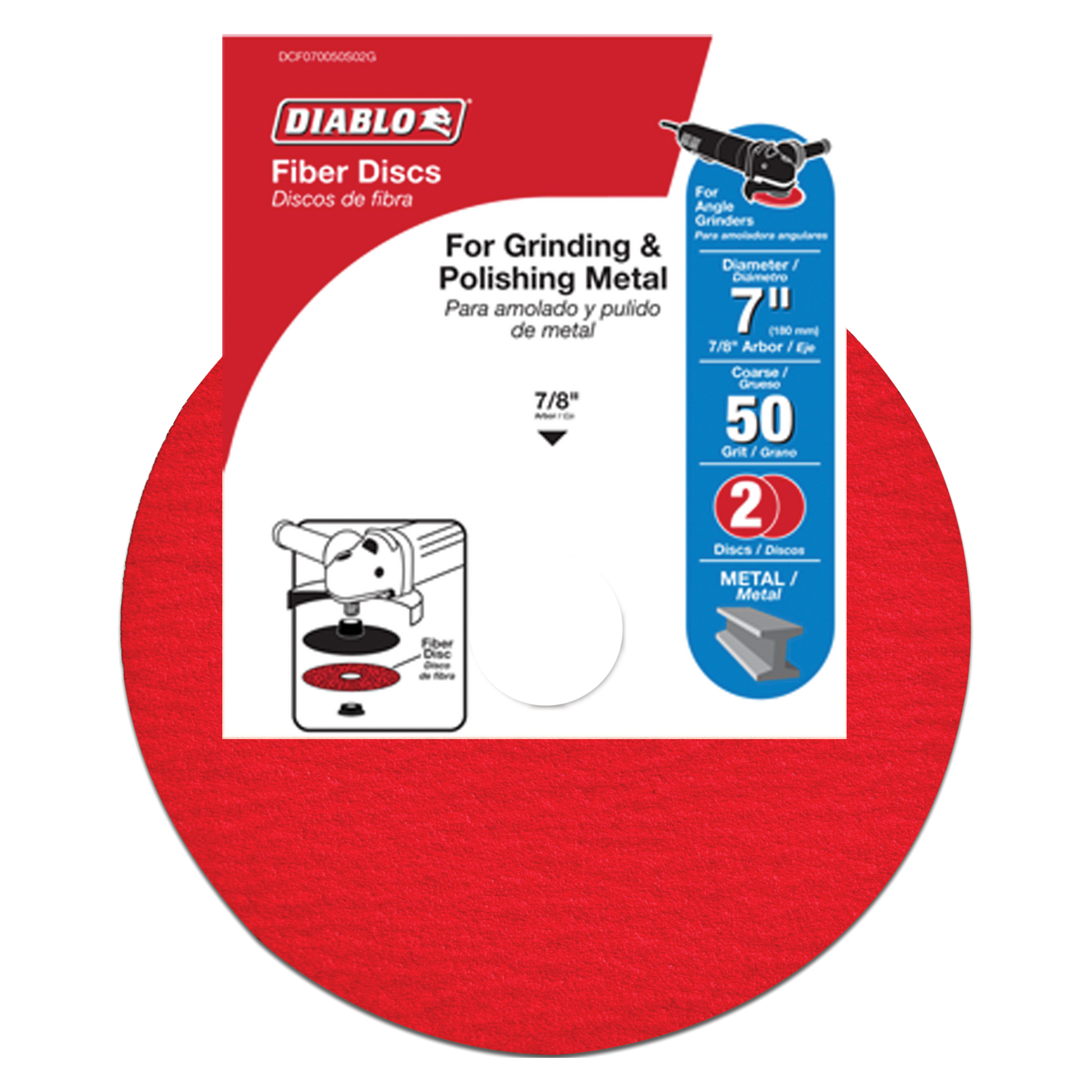 Diablo 7-inch fiber disc package with red exterior showing product specifications and usage instructions for metal grinding.