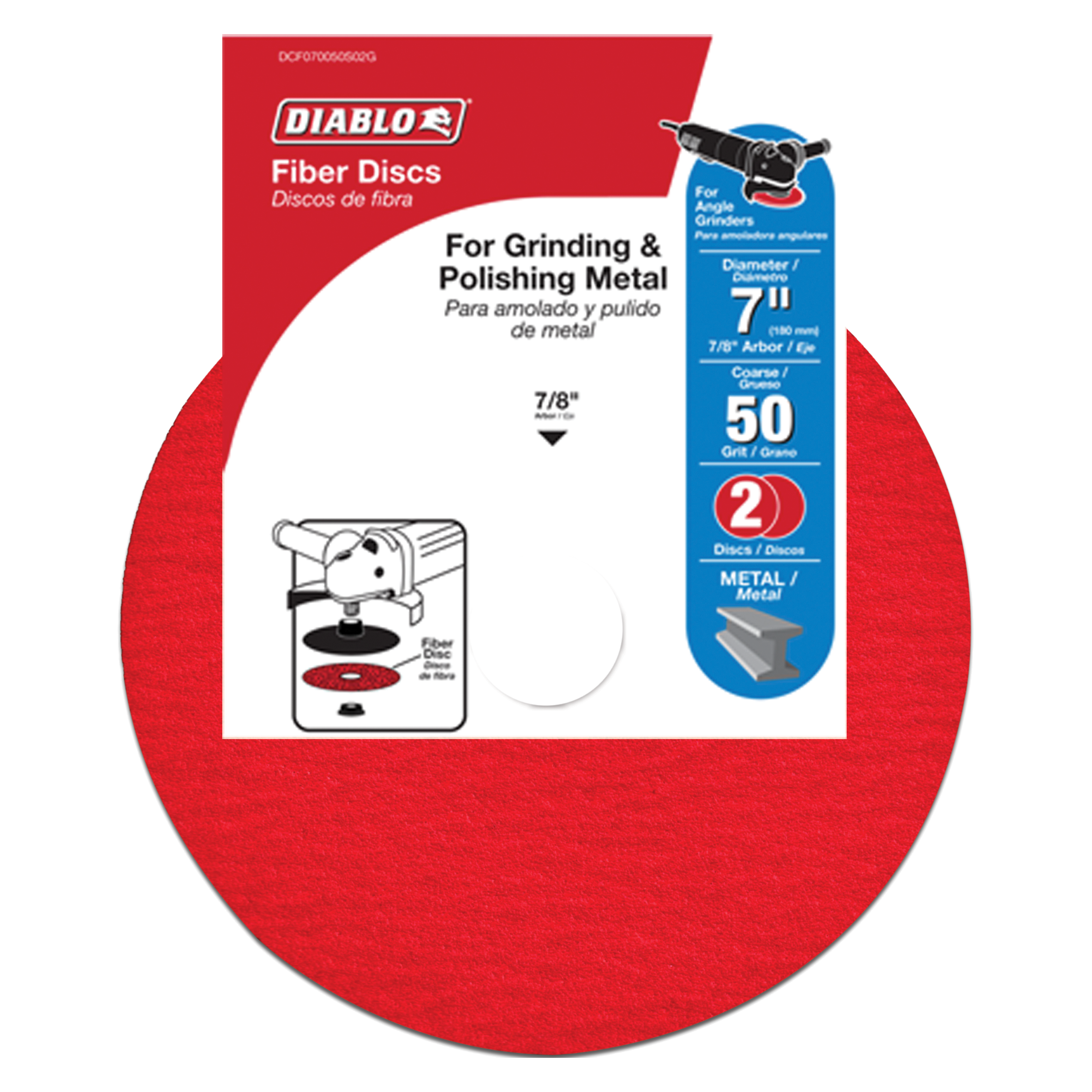 Diablo 7-inch fiber disc package with red exterior showing product specifications and usage instructions for metal grinding.