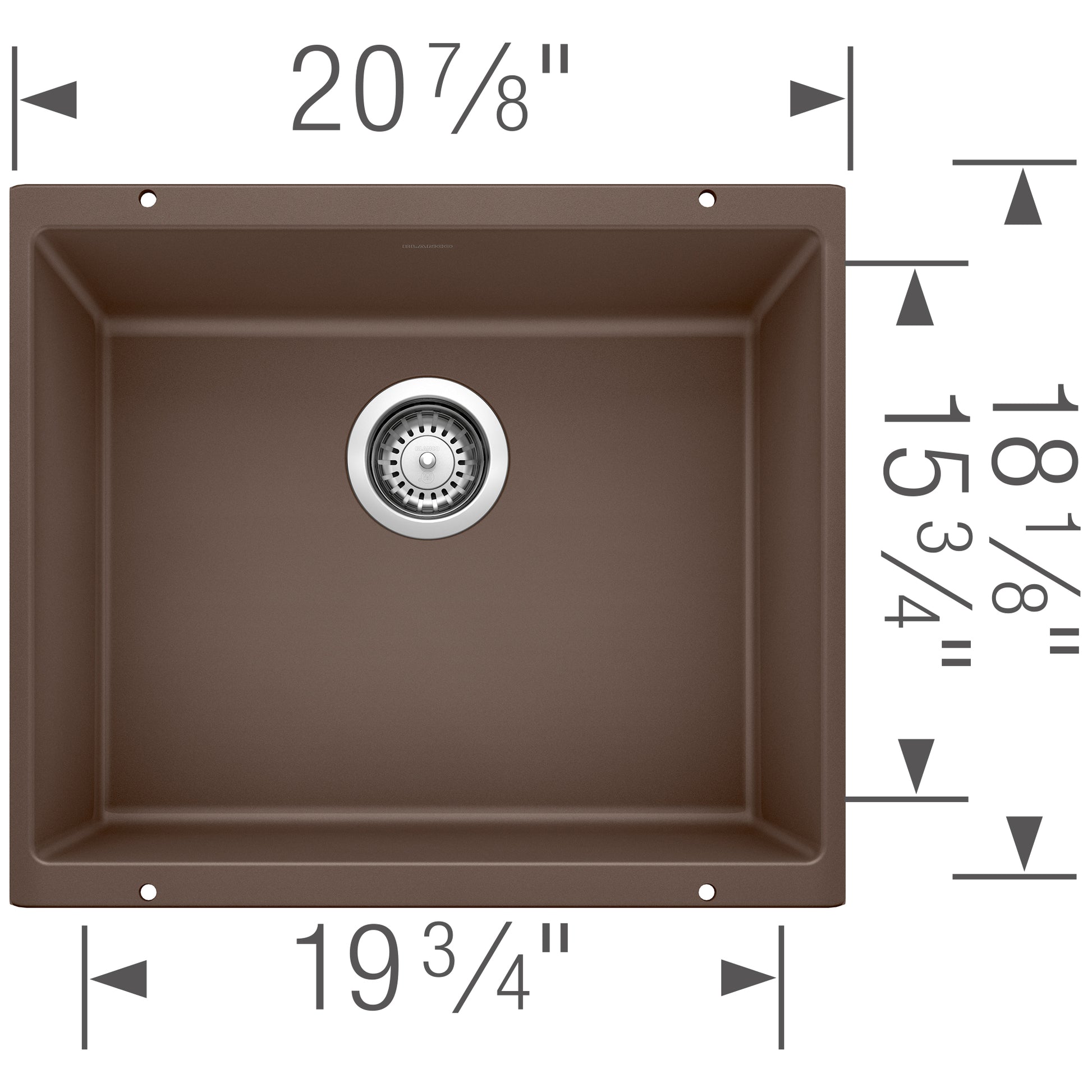 Cafe brown undermount kitchen sink bowl with drain strainer, measured dimensions shown.