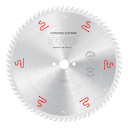 Circular saw blade with silver finish, multiple teeth around edge, central arbor hole, red wavy markings, and "freud" brandin