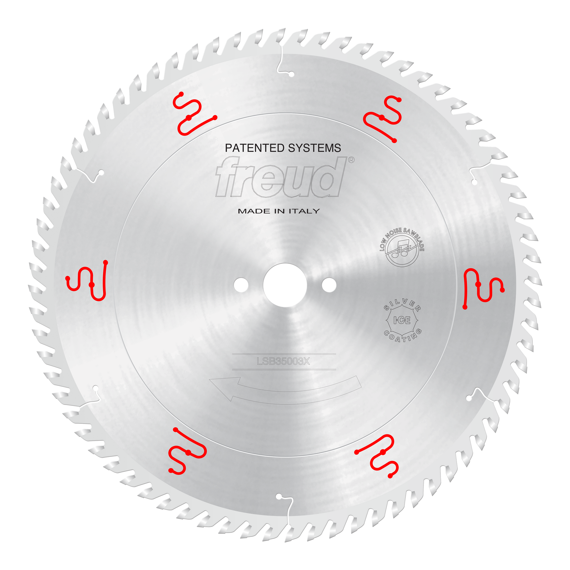 Circular saw blade with silver finish, multiple teeth around edge, central arbor hole, red wavy markings, and "freud" brandin