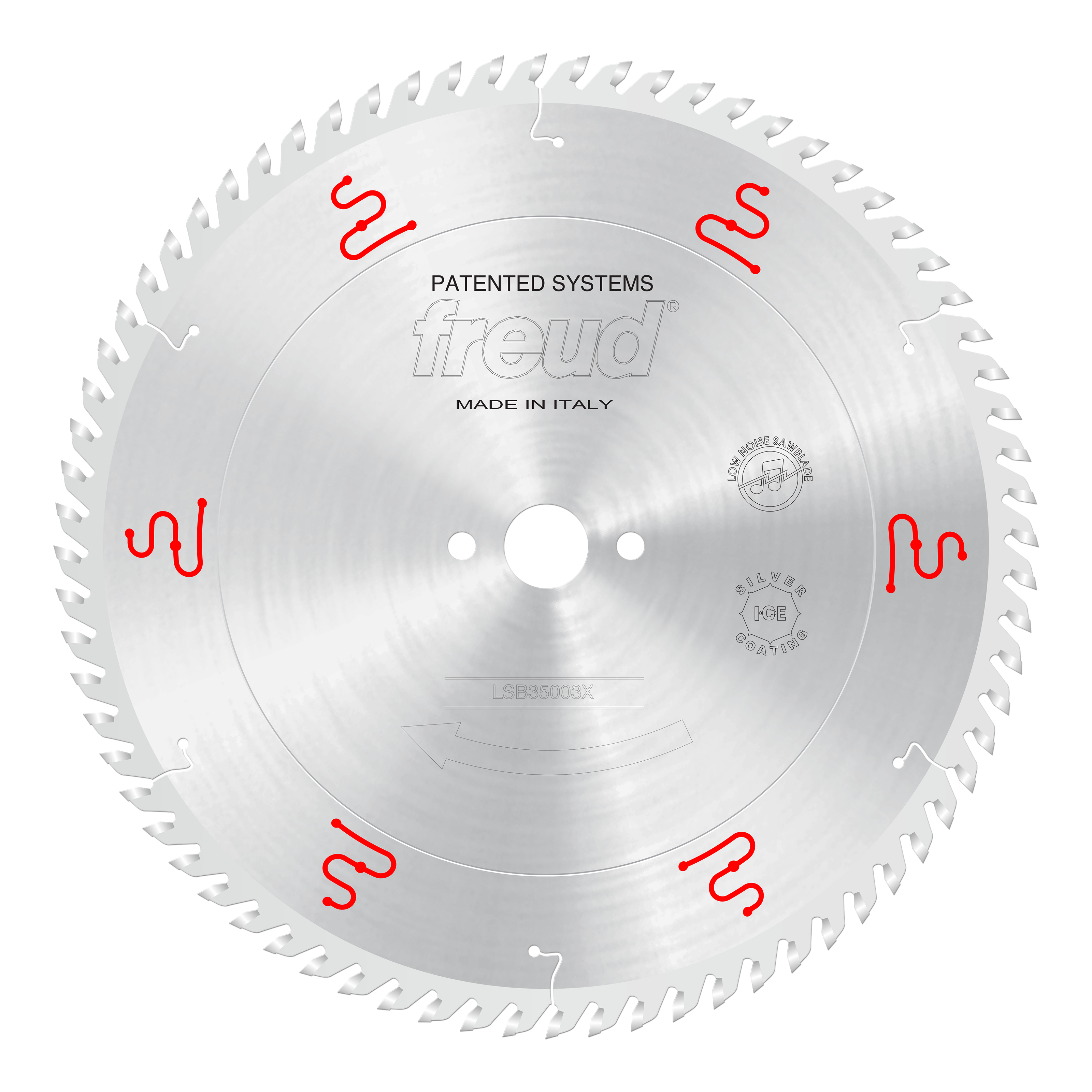 Circular saw blade with silver finish, multiple teeth around edge, central arbor hole, red wavy markings, and "freud" brandin