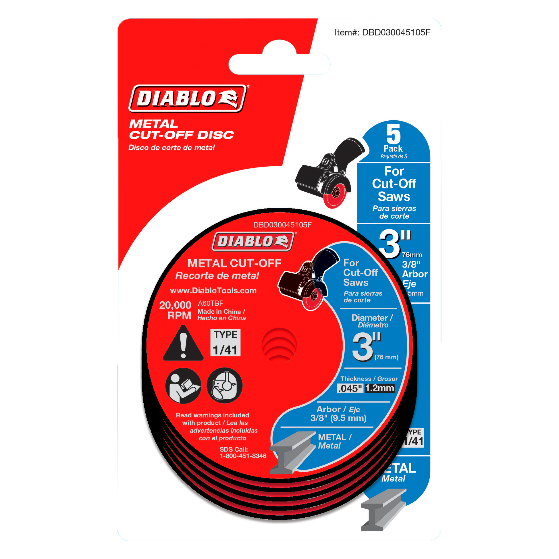 Five stacked metal cut-off discs with red and black coloring on Diablo branded packaging.