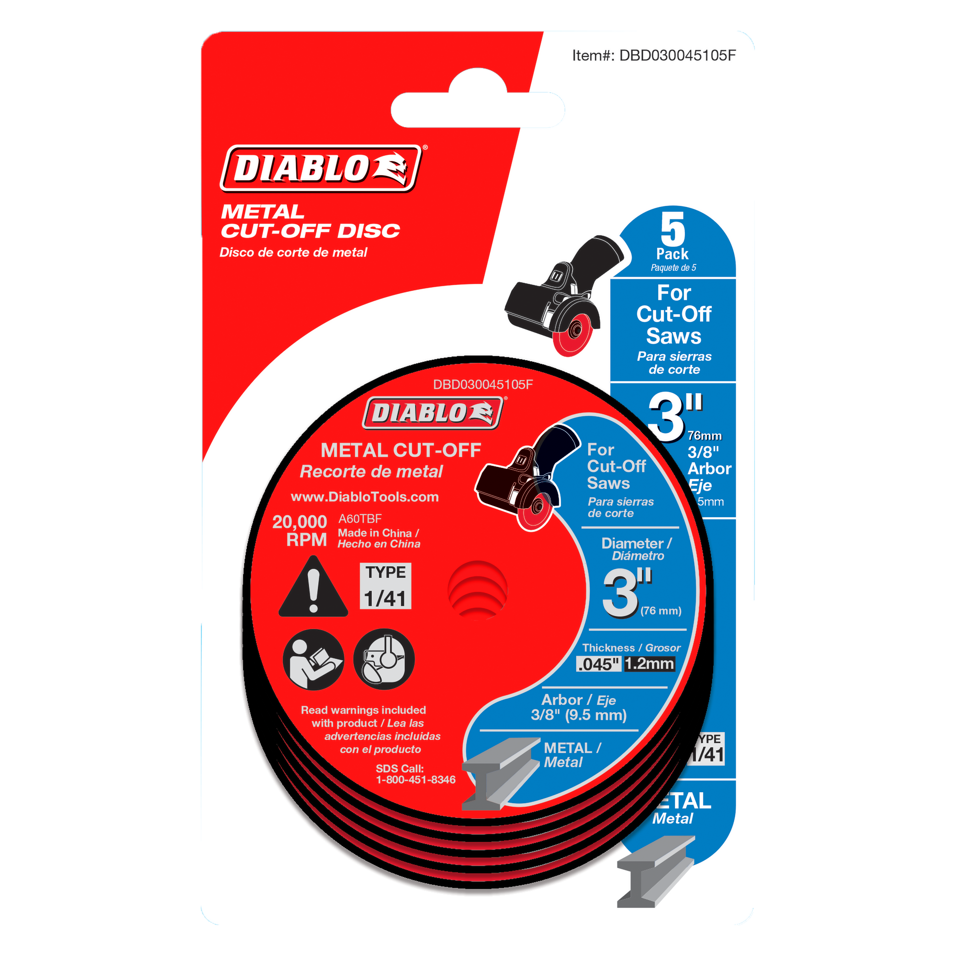 Five stacked metal cut-off discs with red and black coloring on Diablo branded packaging.