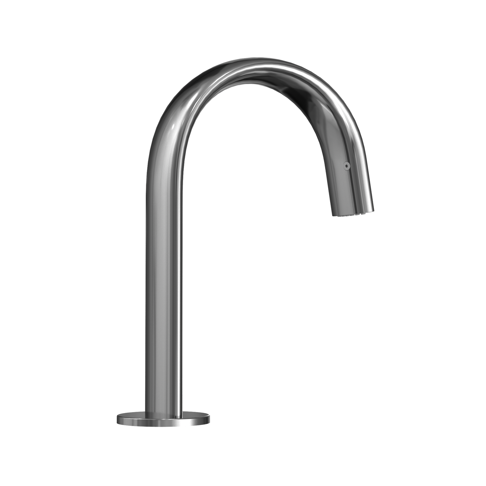 Polished chrome gooseneck bathroom faucet with curved spout and rectangular base mounted on countertop.